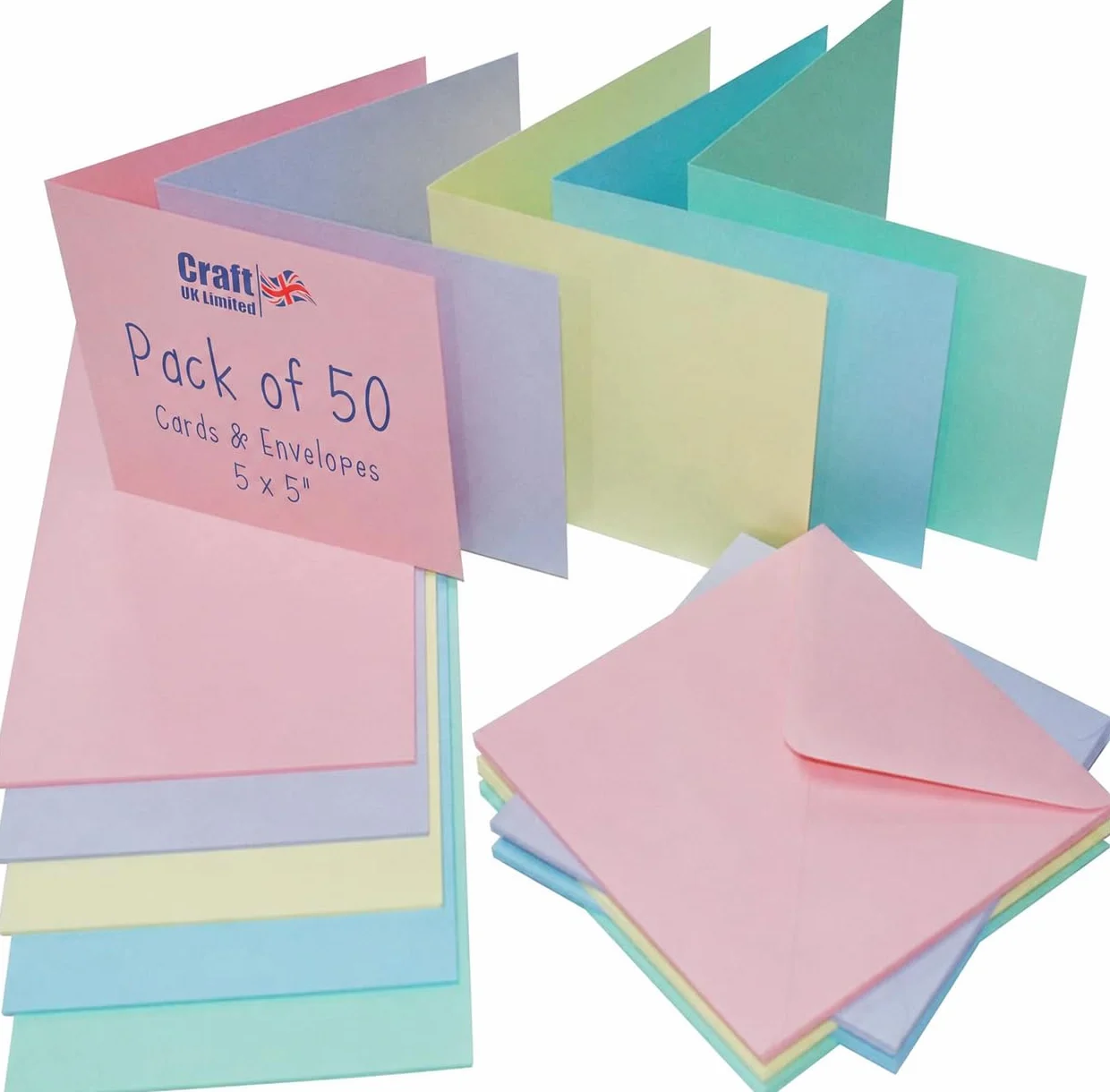 Craft UK 2350 Biglietti e Buste 5x5 cm Colori Pastello Confezione da 50