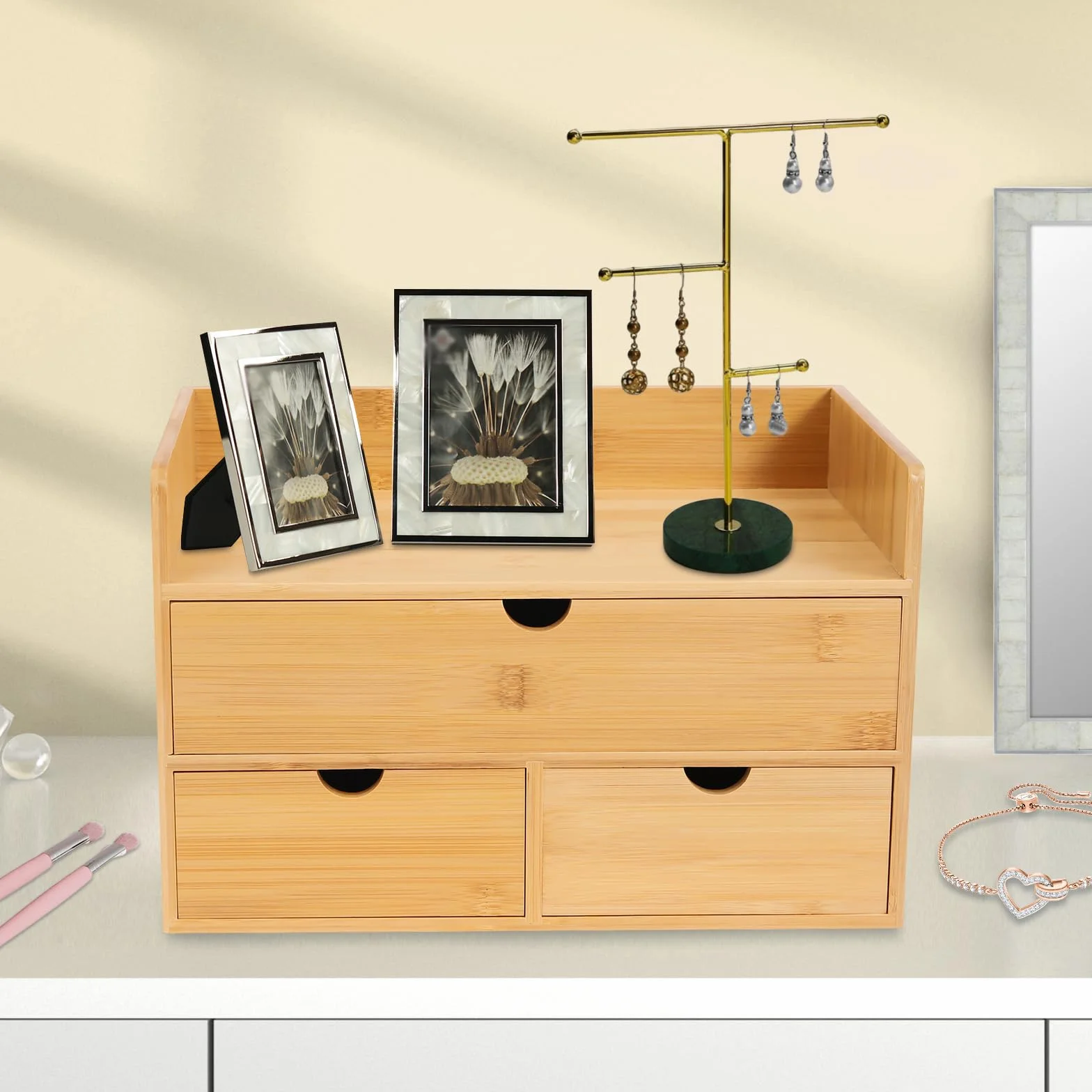 Organizer da scrivania con cassetti, cassetto in bambù, mini cassettiera con 3 cassetti, per ufficio, soggiorno e camera da letto, design unico