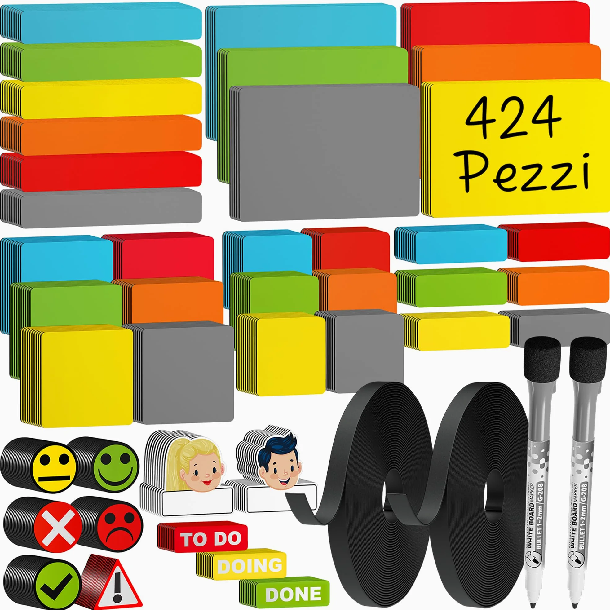 424 Etichette Strisce Magnetiche Scrivibili - Set 5 Dimensioni | 6 Colori - Accessori Scrum & Kanban - Magneti Scrivibili - Per Lavagne Magnetiche, Frigoriferi