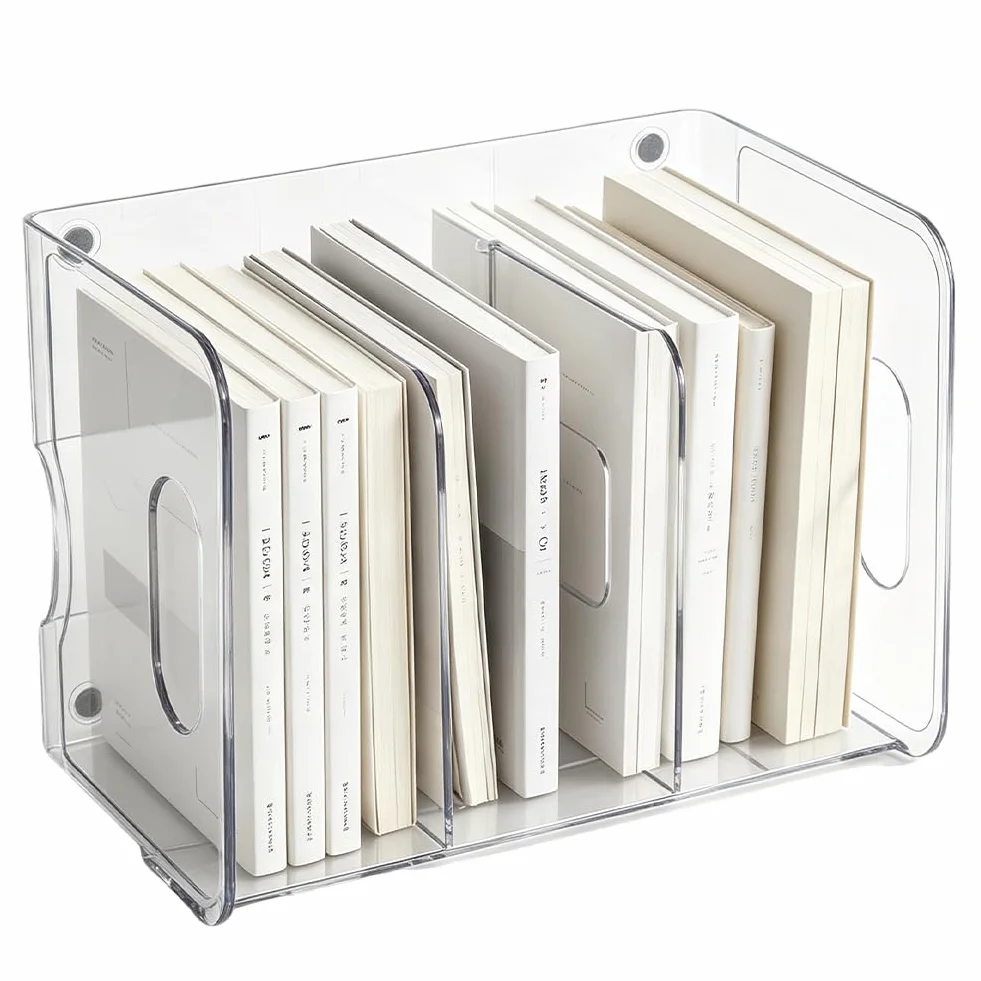 INFUNLY Portariviste in acrilico a 3 scomparti, 17 x 15 x 23 cm, organizer da scrivania con manico, organizer trasparente da cucina, organizer per borsette, divisorio per casa, ufficio, scuola