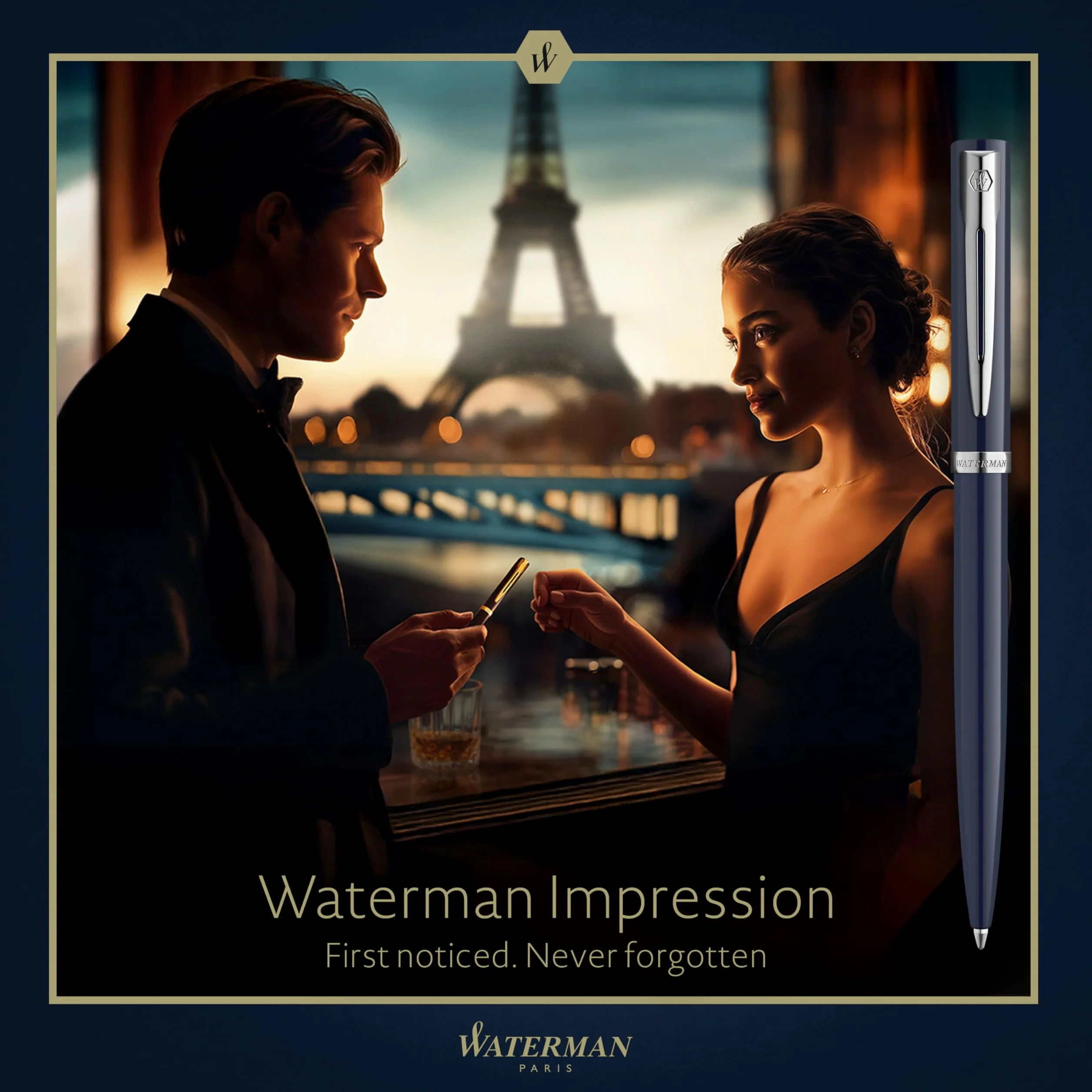 Waterman Impression Penna a sfera | Punta media con ricarica inchiostro blu | Lacca blu con finiture placcate in palladio | Confezione regalo