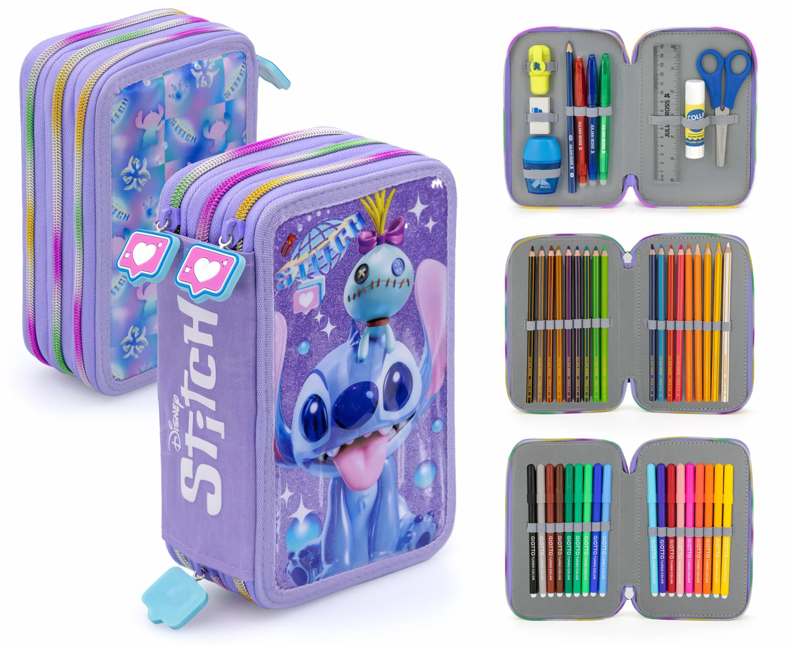 Clondo Astuccio Scuola 3 Scomparti Completo Stitch Fan 46 Accessori Kit Cancelleria Penne Gel Cancellabili Pennarelli Pastelli Colla Evidenziatore