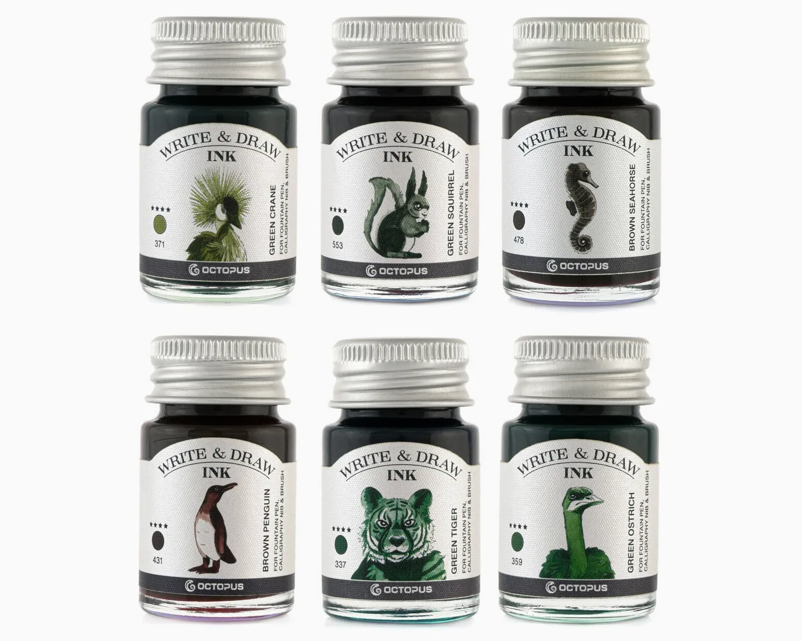 Octopus Write and Draw Ink Set FOREST, inchiostro impermeabile per scrittura e disegno, inchiostro per calligrafia, inchiostro da illustrazione per penna stilografica, 6x10 ml