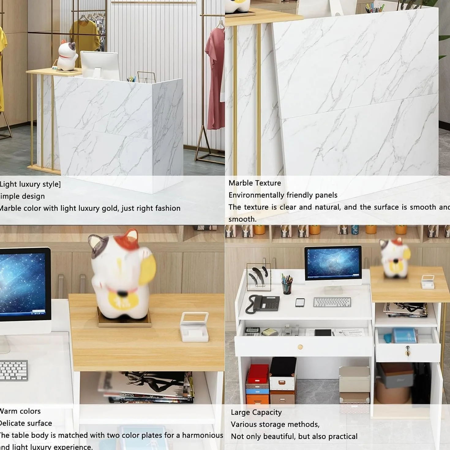 Bancone Reception Multiuso in Legno con 2 Cassetti e 2 Ripiani, Banco Cassa Moderno per Ufficio, Negozio, Salone di Bellezza, Hotel o Supermercato