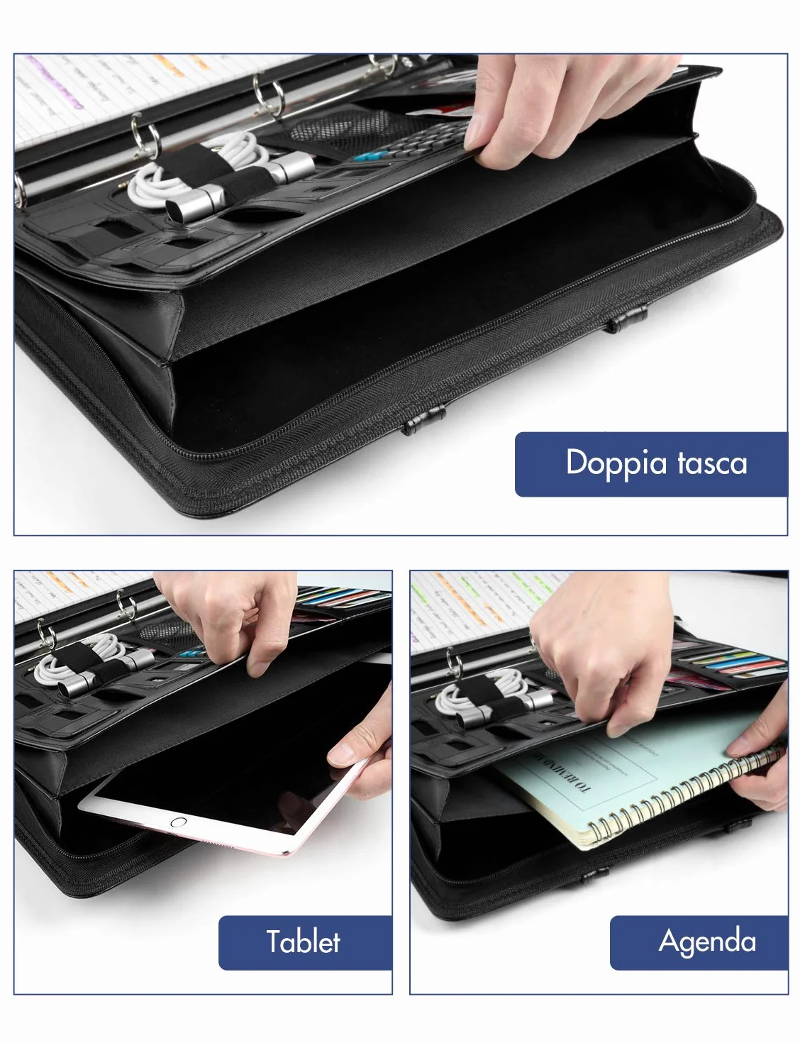 LOETAD Cartella Portadocumenti A4 con Cerniera Pelle Impermeabile Organizer da Viaggio con Portablocco Raccoglitore ad Anelli