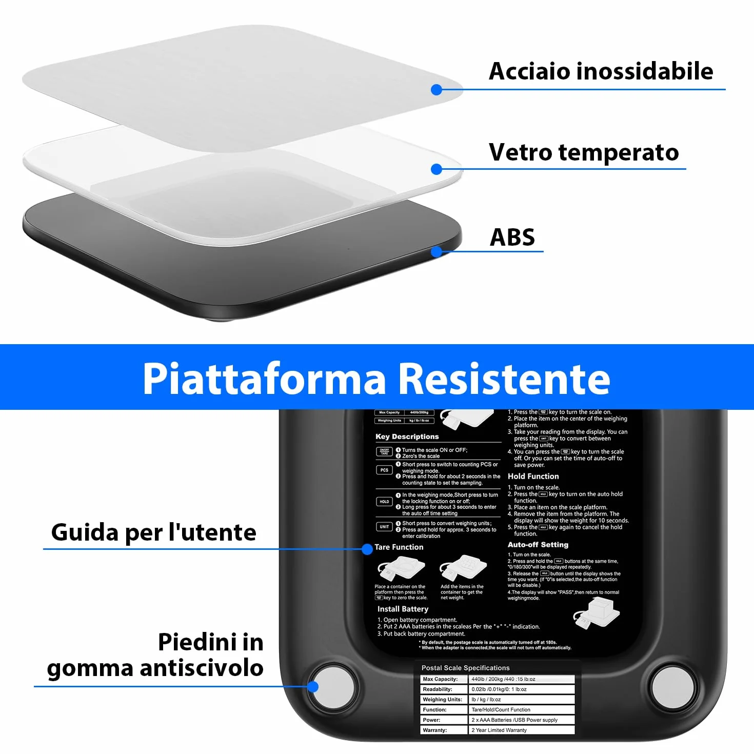 UNIWEIGH Bilancia per pacchi 440 lb 0,35 oz digitale PCS Tenuta Tara