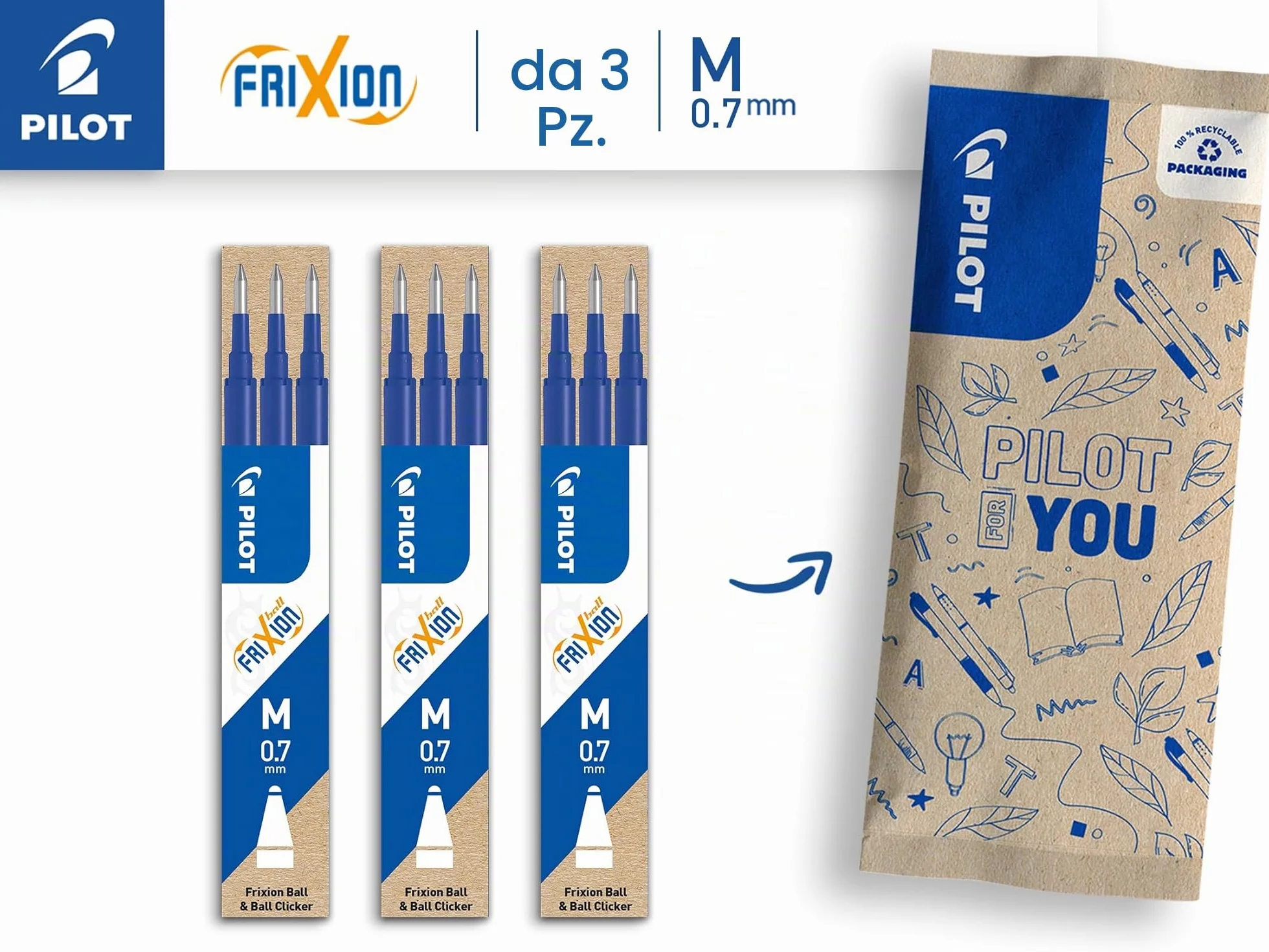 Pilot FriXion 3 set Ricariche Blu Punta Media per Penna Cancellabile Frixion Ball e Clicker
