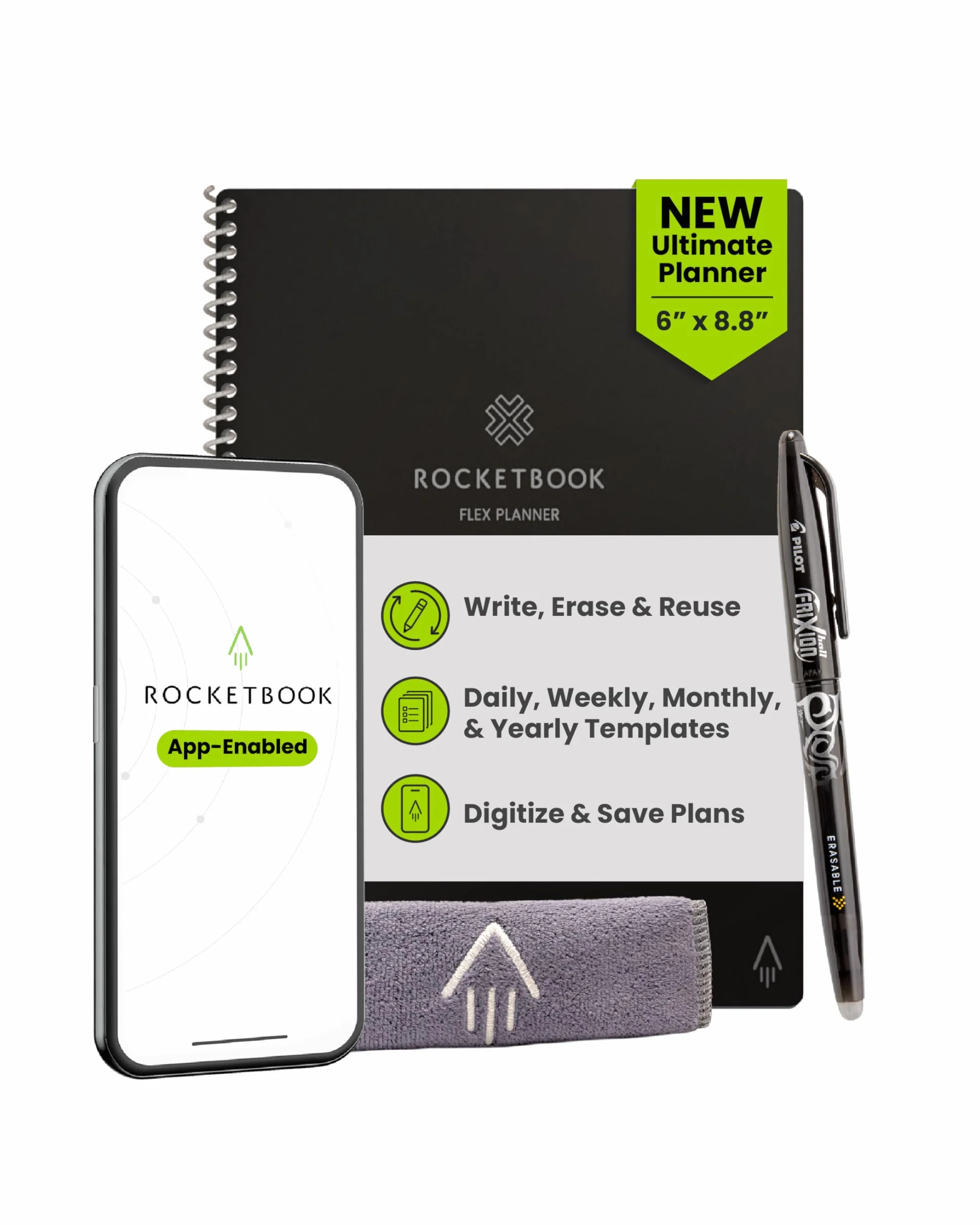 Rocketbook Flex Planner, riutilizzabile non datato intelligente, formato esecutivo 15,2 x 22,4 cm nero - Giornaliero, settimanale, mensile, calendario annuale, attività, obiettivi, pianificazione