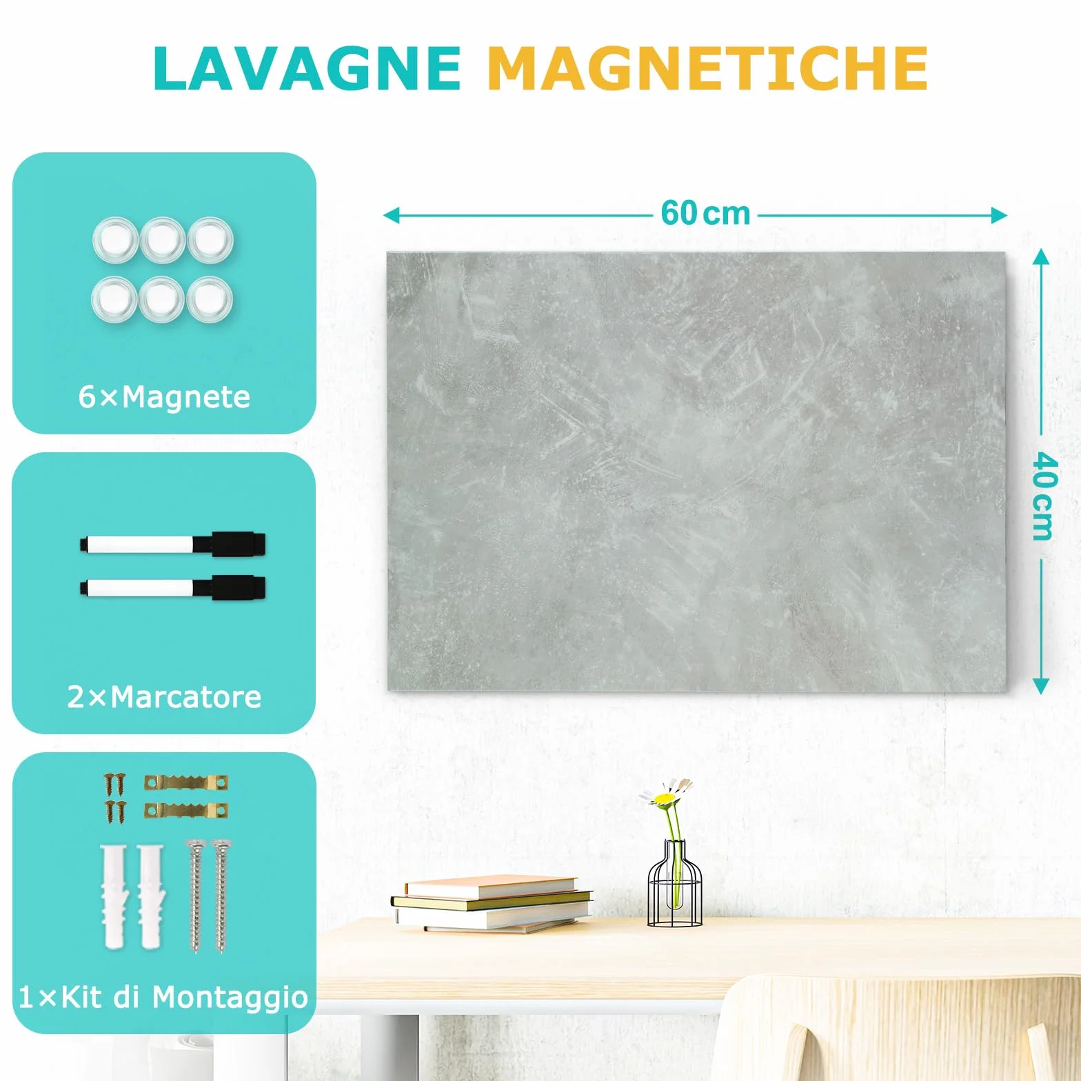 DOLLAR BOSS Lavagna magnetica, lavagna magnetica 50 x 70 cm per la parete, Memoboard lavagna magnetica stampata con 6 magneti, 2 penne
