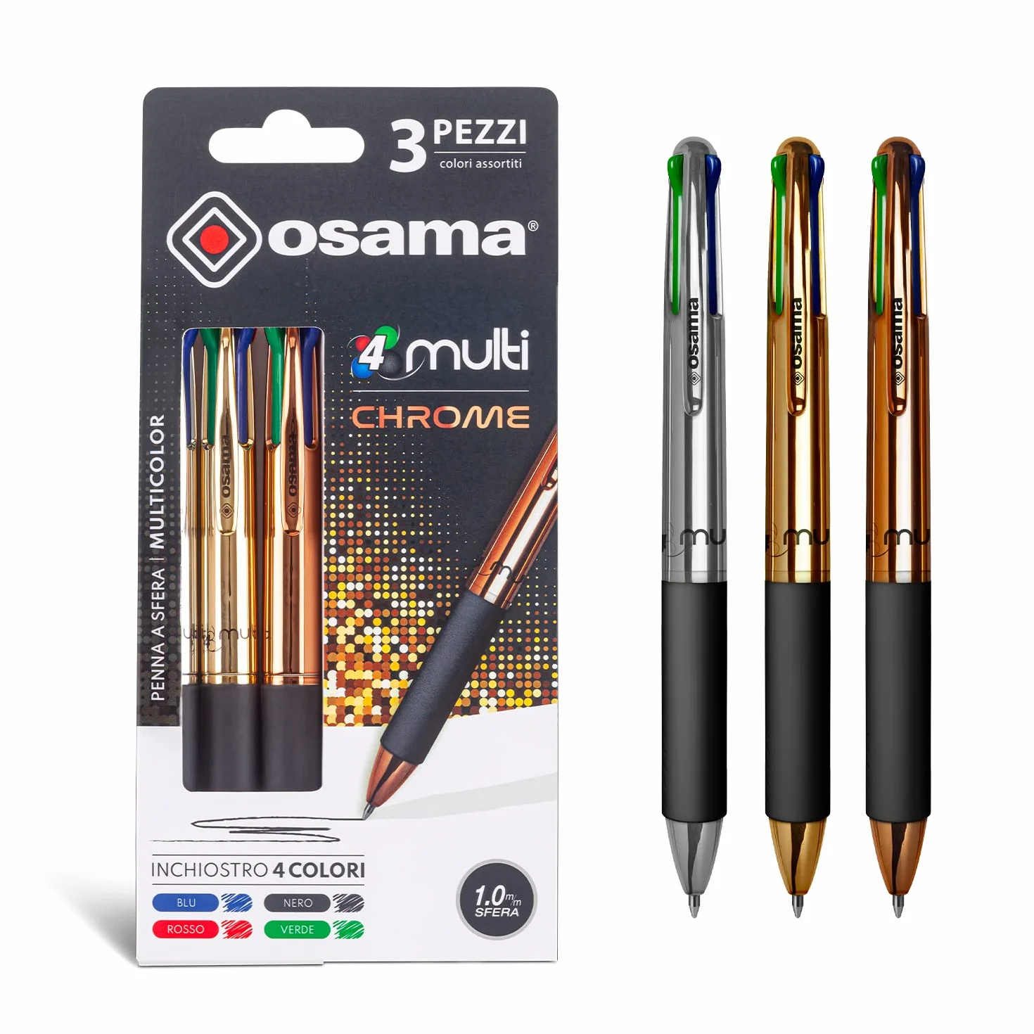 OSAMA 4 Multi-Set Penne Colorate Cromate 4 Colori 3 Pezzi Penna Multicolore a Sfera 1.0 mm Inchiostro Nero Blu Rosso Verde Cancelleria Scuola