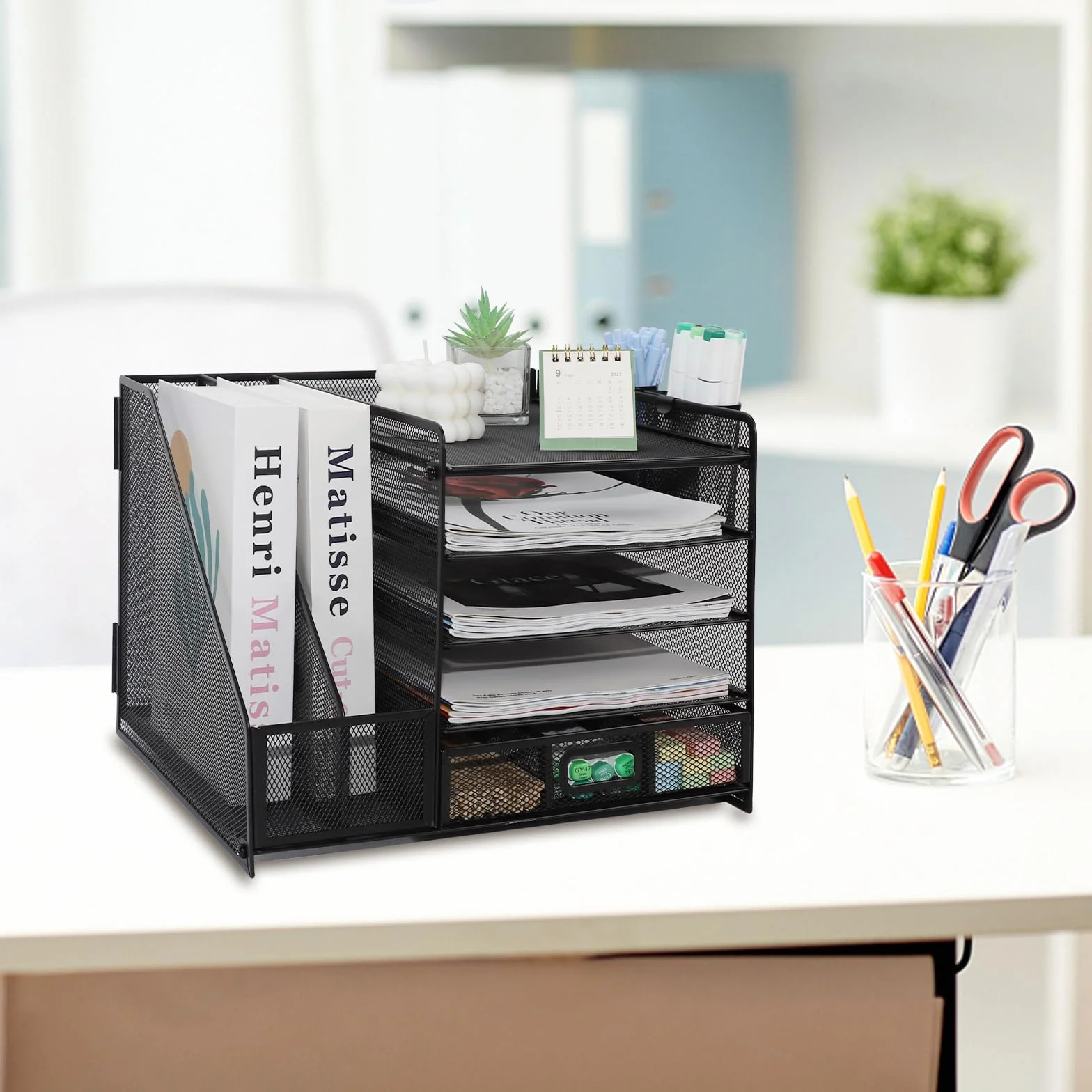 Organizer Scrivania, Vassoio per Lettere a 5 Livelli con Porta Documenti, Organizer da Scrivania in Rete Metallica con Cassetto e 2 Portapenne, Porta Riviste Multifunzione per Casa e Ufficio