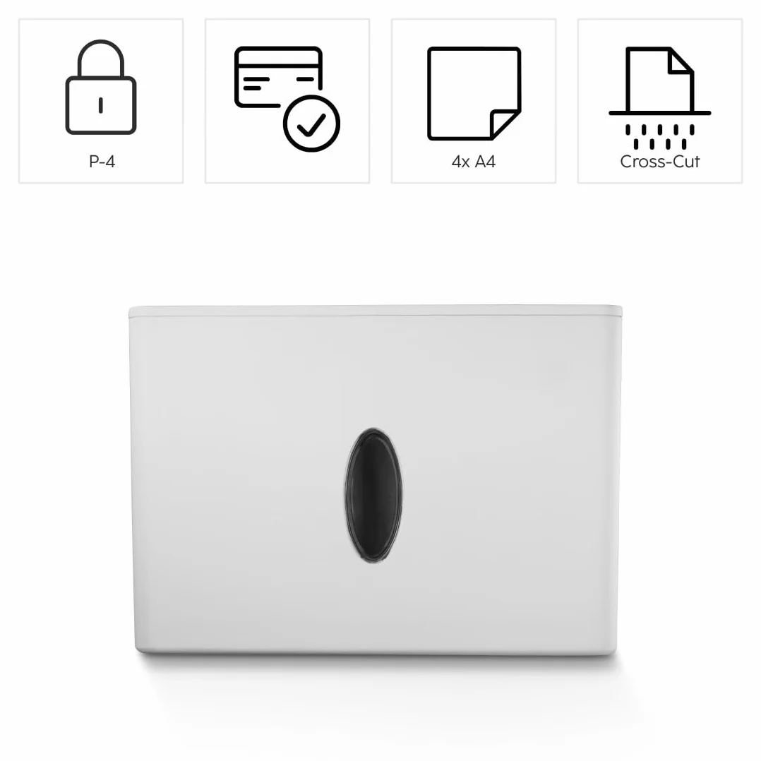 Hama Trituratore di carta, distruggidocumenti scheda, 4 fogli A4 a Volta, lame acciai, sicurezza automatica/spento, funzione di ritorno, cestino 8L, sicurezza P4 T4 E3, bianco