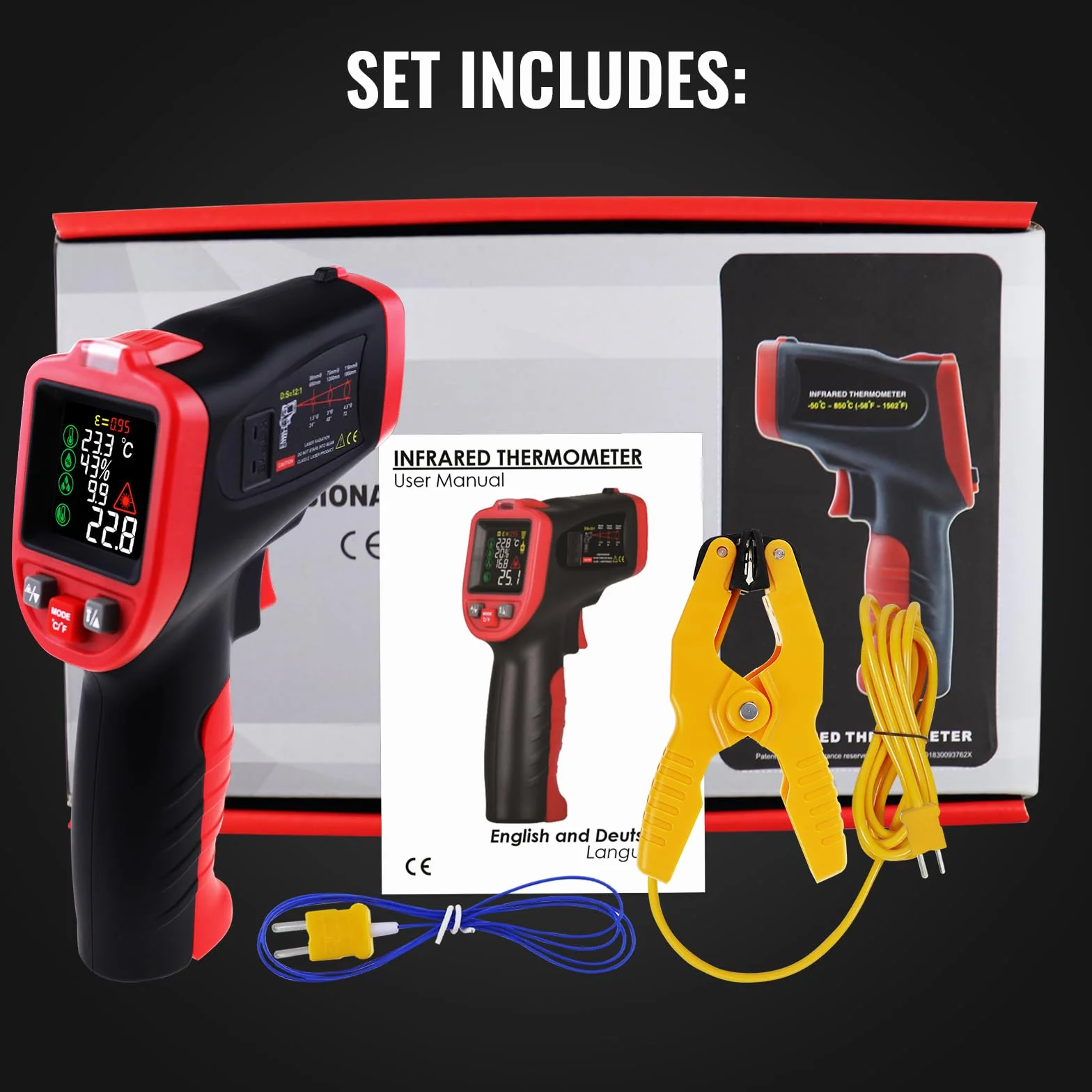 Termometro a infrarossi laser professionale -50°C a 850°C con termocoppia a pinza tipo K, senza contatto per temperatura in cucina, HVAC, industria
