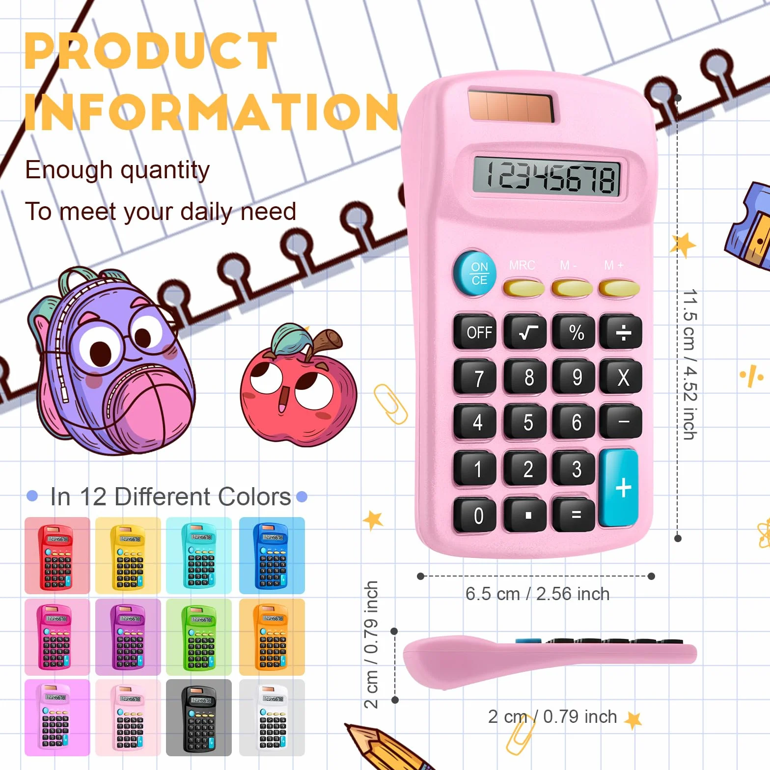 Confezione da 24 mini calcolatrici tascabili per studenti ad angolo portatile, display a 8 cifre, batteria solare, doppia alimentazione, piccola calcolatrice per studenti, bambini, casa, ufficio (12