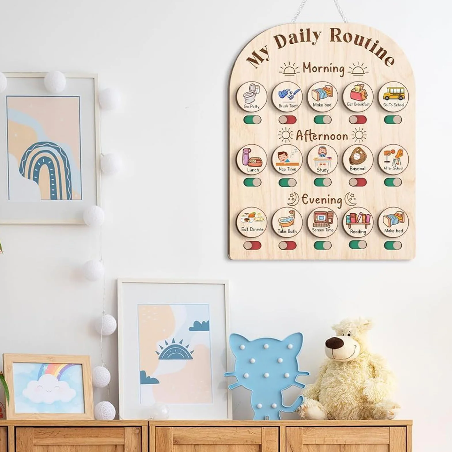 Tavola di routine per bambini – Planner giornaliero in legno, routine mattutina e serale | Board organizzativo educativo per bambini, bambini piccoli, scuola materna, scuola, casa, attività di