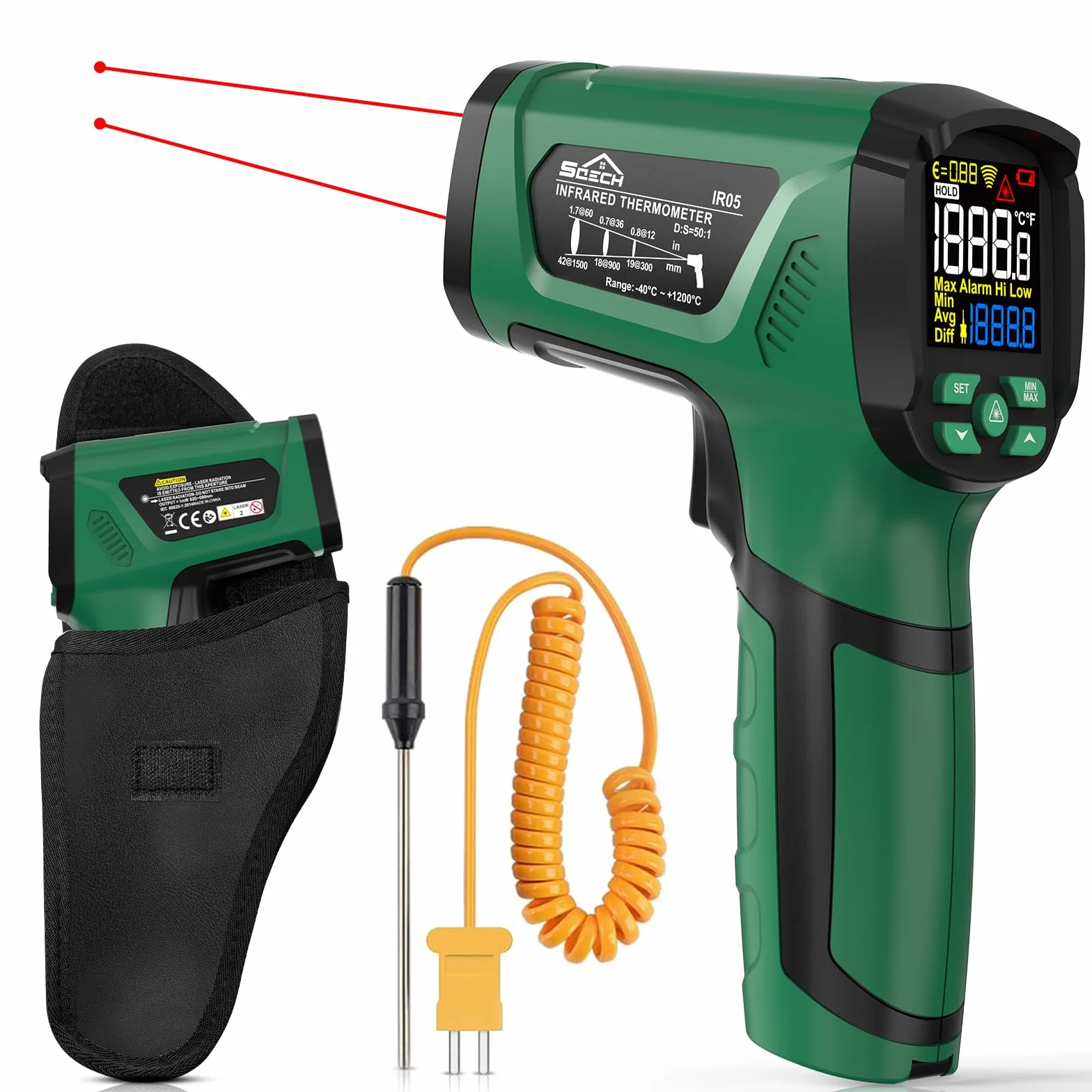 SQECH Termometro Infrarossi Laser -40℃～1200℃ 50:1 con Sonda Termocoppia Emissività Regolabile