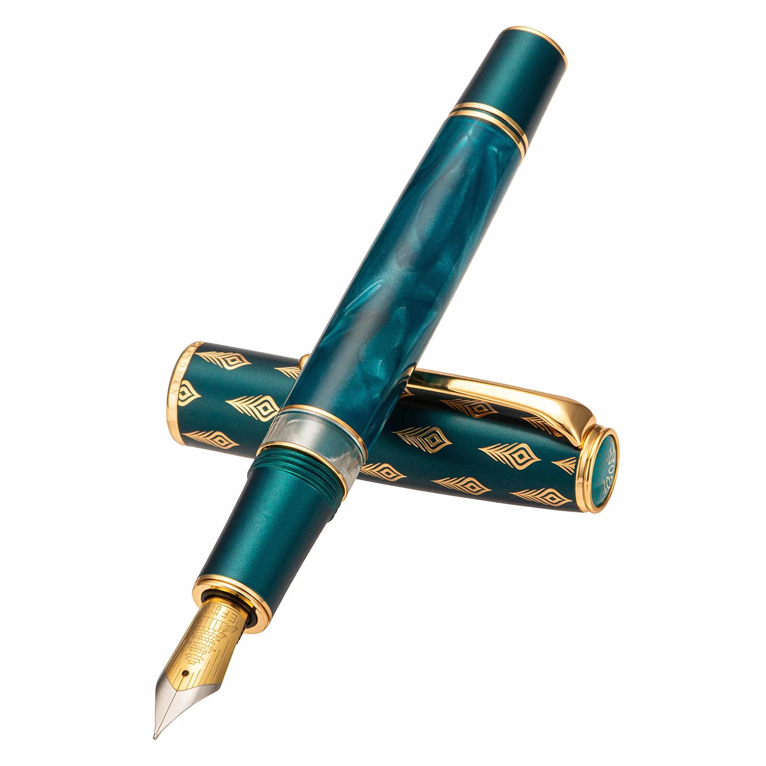 Hongdian N7, Penna stilografica a stantuffo in resina blu pavone, pennino fine in iridio, penna classica, scrittura liscia, con scatola in metallo