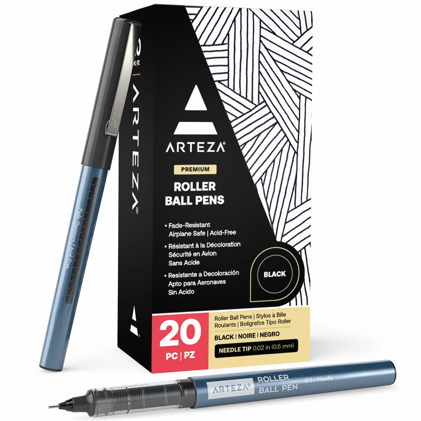 ARTEZA Set di 20 penne a sfera a punta fine, inchiostro liquido nero, extra fine da 0,5 mm, per linee precise per scrivere, prendere appunti e disegnare