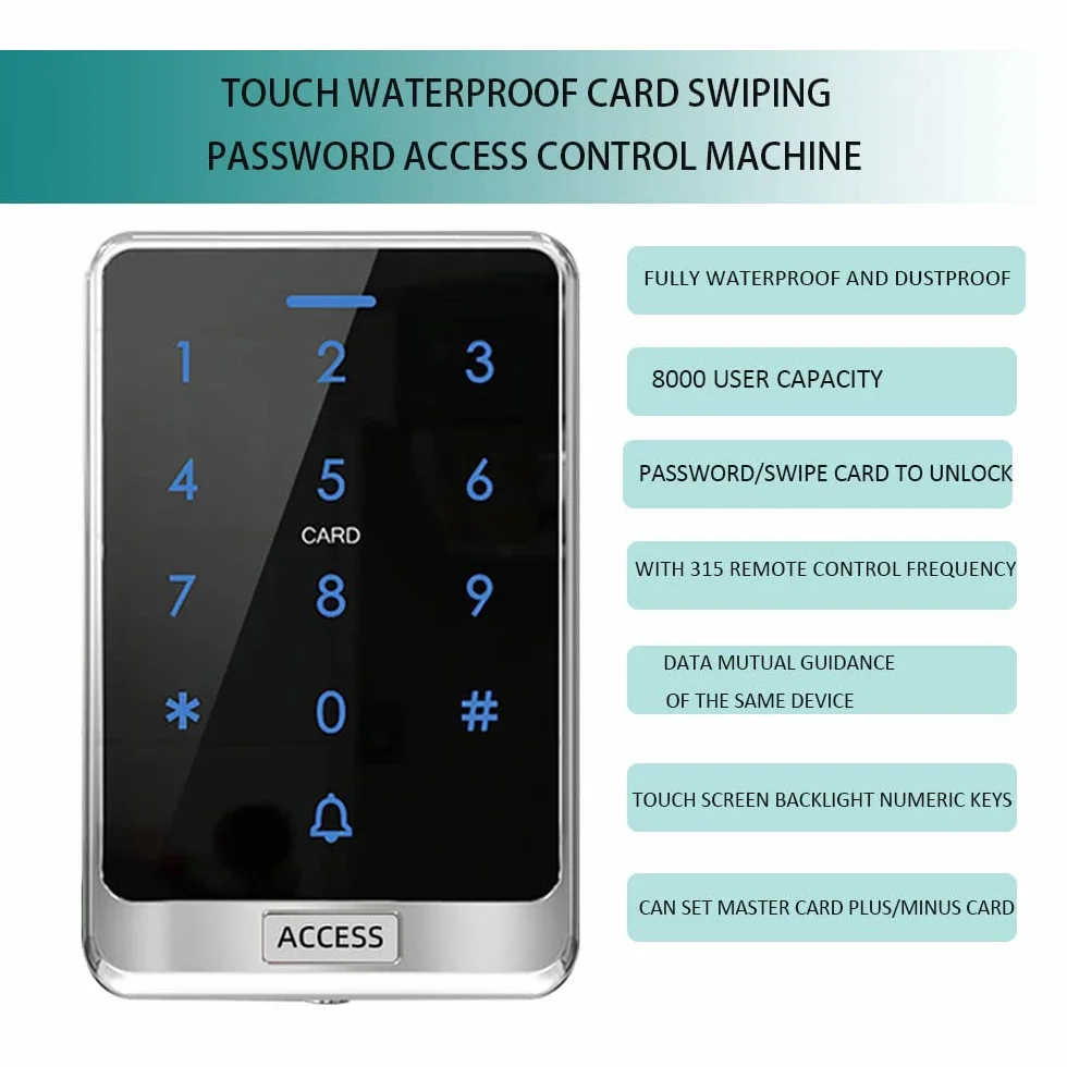 YAVIS Tastiera impermeabile all'aperto RFID Sistema di controllo di accesso, Dispositivo di verifica dell'accesso a chiave retroilluminato a tocco completo WG26/34 125 kHz Lettore di schede X13