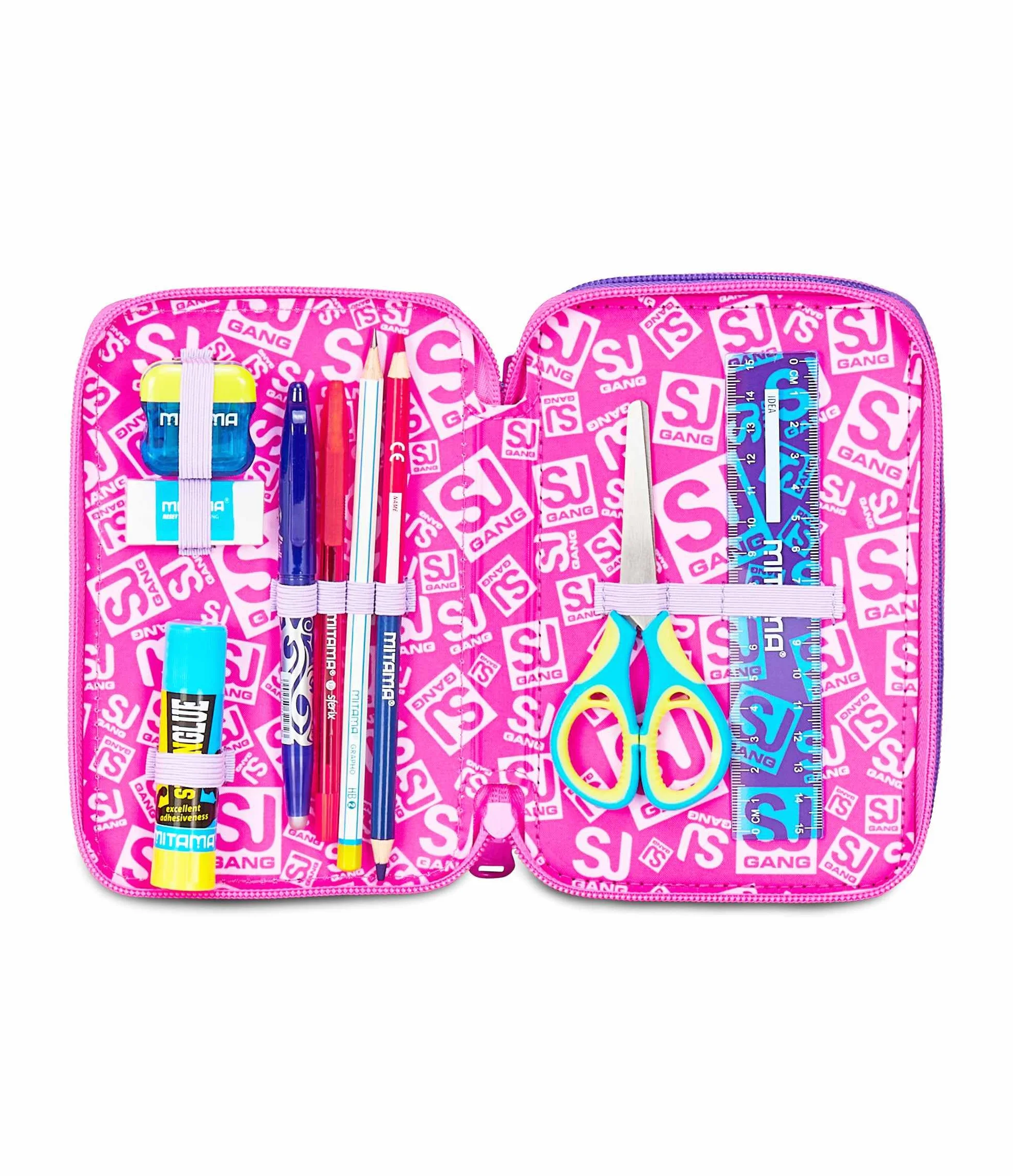 SJ GANG STYLE JAM GANG Astuccio Scuola 3 Zip, Fucsia, Portapenne Triplo Scomparto Completo Di Penne, Matite, Colori, Accessori Zaino, Scuola Elementare, Bambina