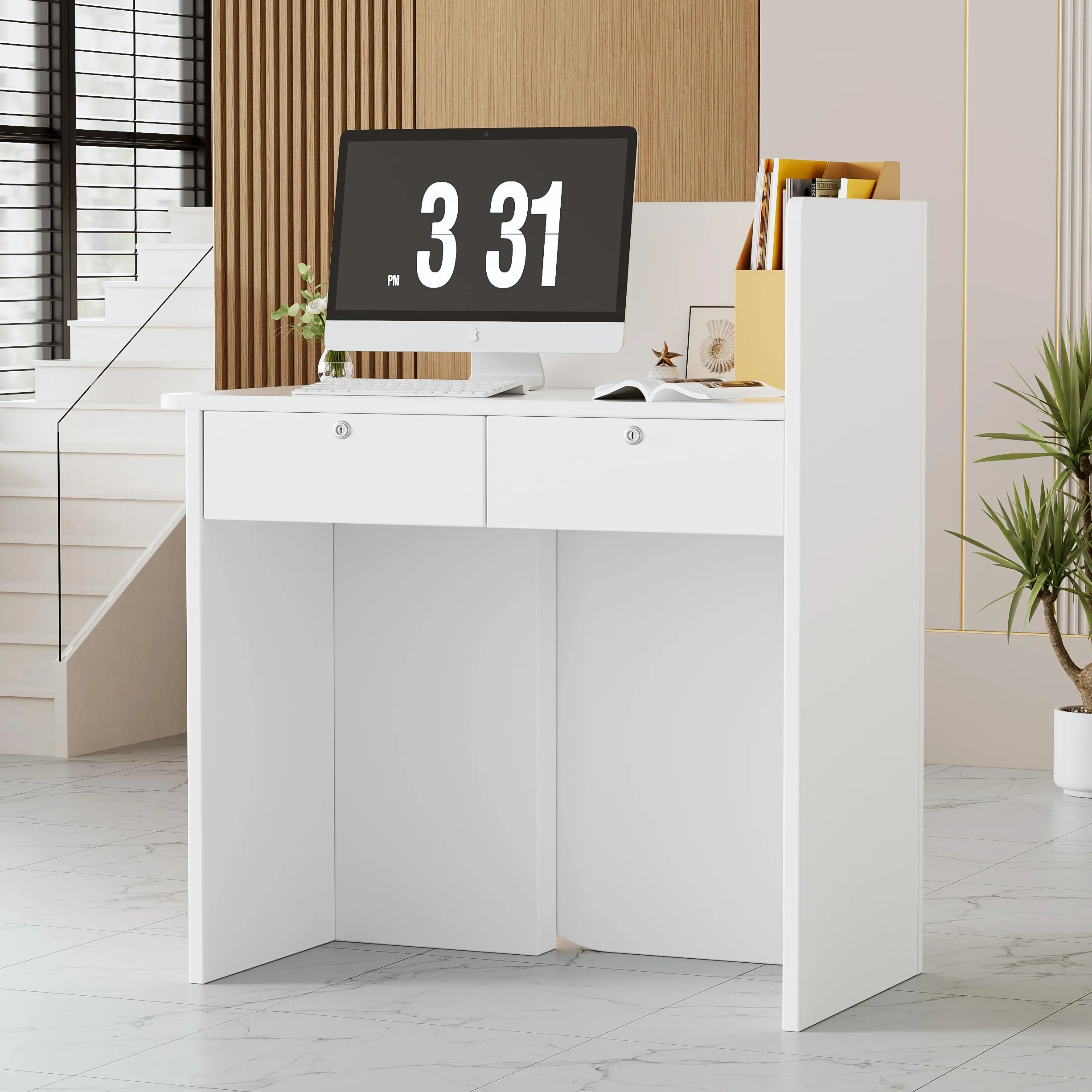 Banco Reception con LED Luce Bancone Reception Ufficio Con Cassetti con serratura Compatto Bancone Vendita Bancone Cassa Piccolo Mobili per reception per Ufficio,Hotel,Centro Estetico 44x80x100CM