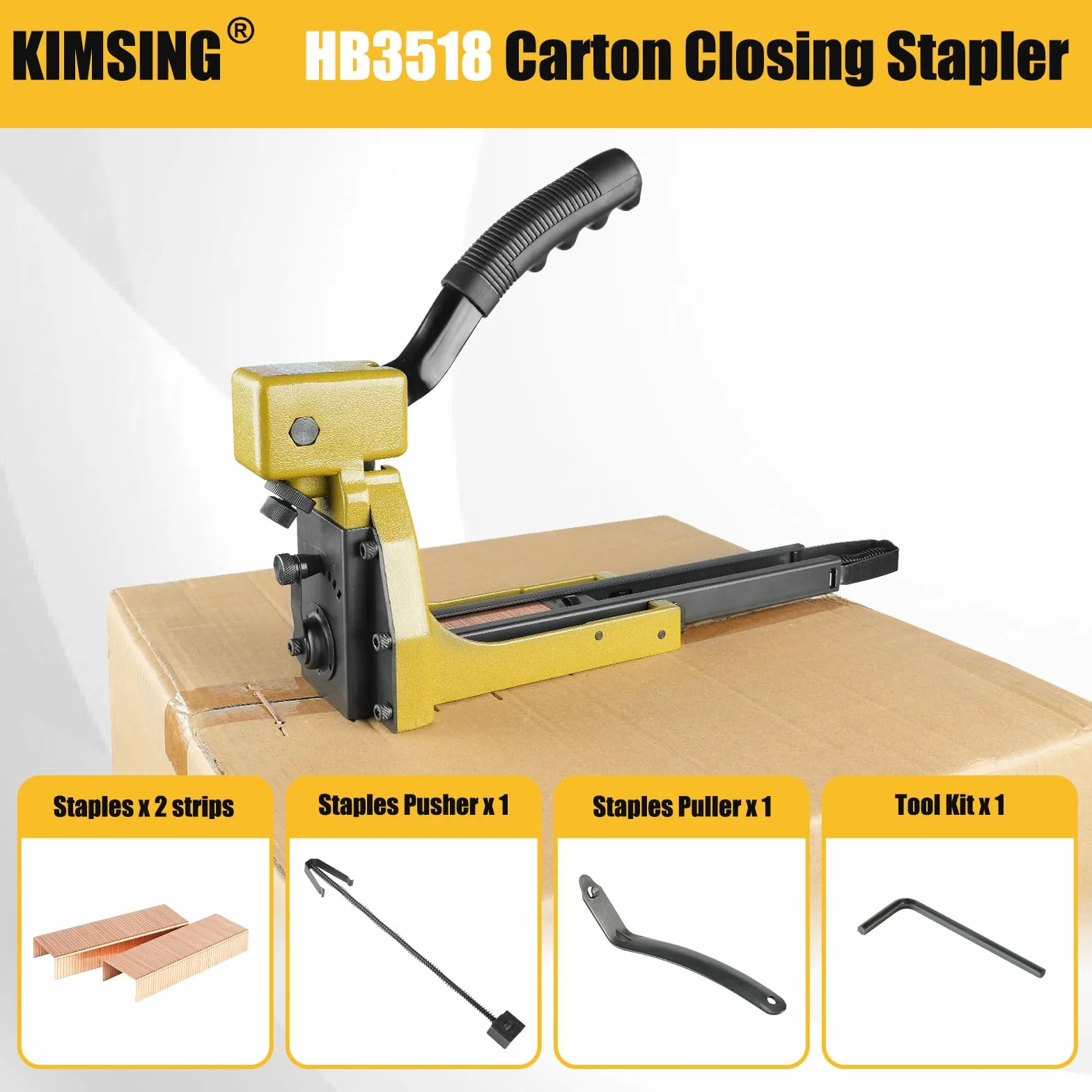HB3518 Cucitrice manuale per la chiusura dei cartoni con estrattore di graffe, calibro 16, corona 34,7 mm, macchina per il fissaggio di scatole di cartone per la piegatura