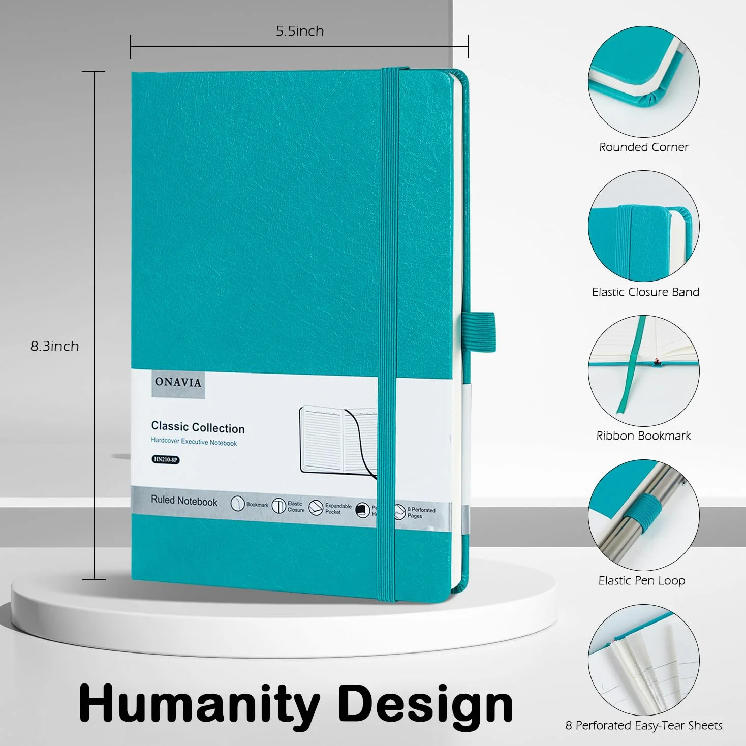 ONAVIA Taccuino a Righe A5 Copertina Rigida, 160 Pagine, Set 8 Colori | 14 x 21 cm, 100 g/m², Classico Quaderno Appunti di Linea, Tasca Interna, Chiusura ad Elastico, Portapenne