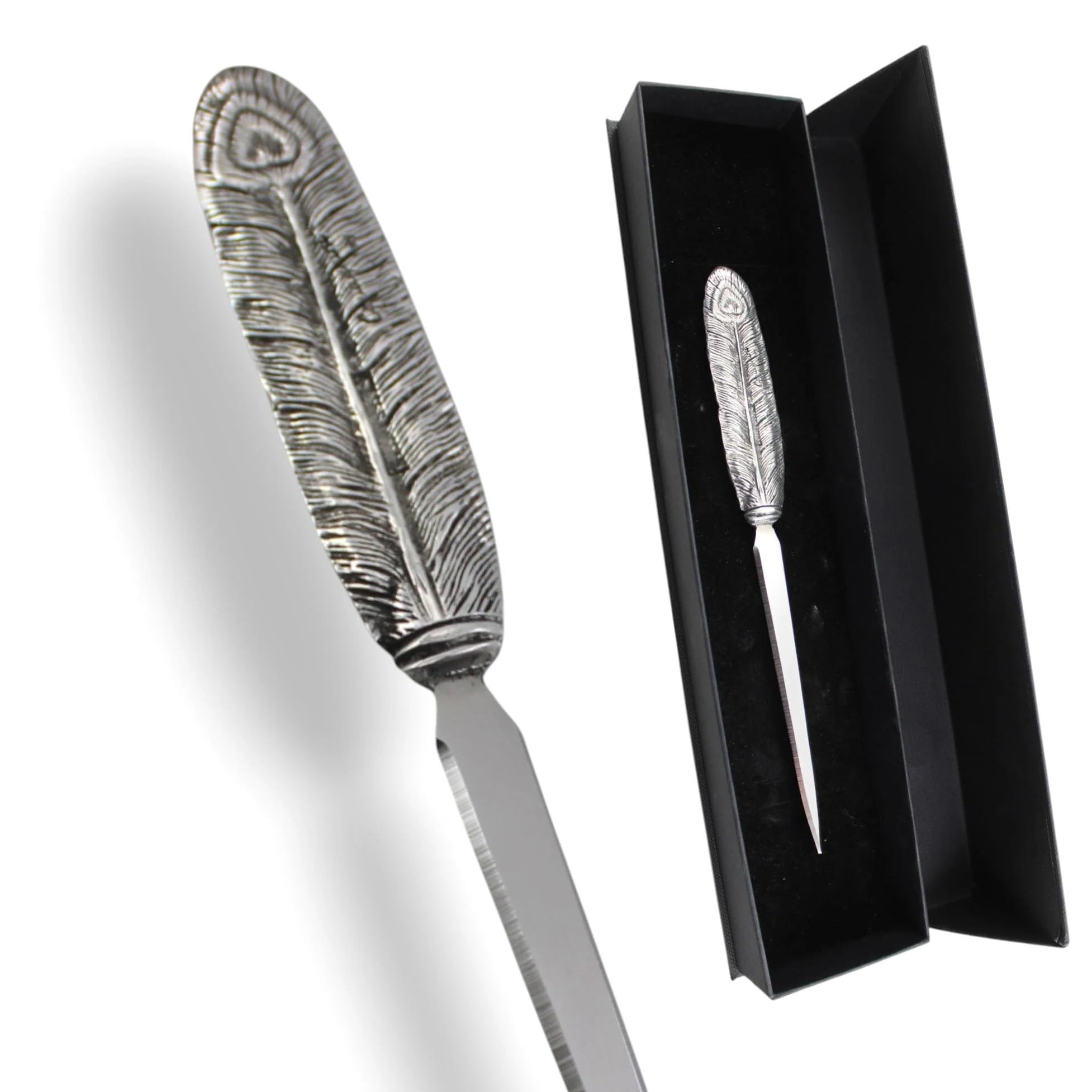 Cavagnini, Apribuste tagliacarte elegante, in acciaio inox e peltro. Confezione regalo inclusa. (Piuma)