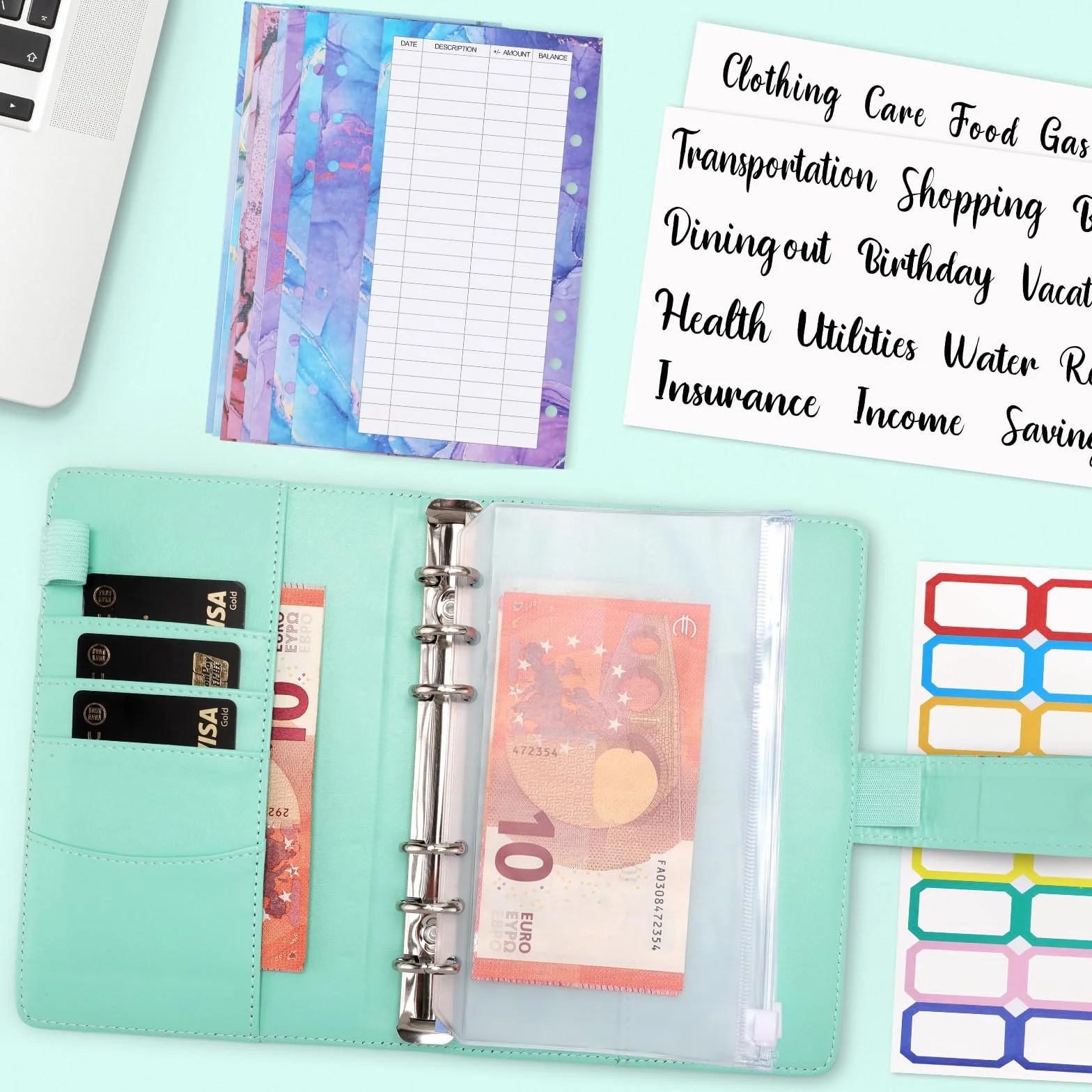Raccoglitore ad Anelli A6 Budget Binder Pianificatore Risparmio Soldi con Buste e Fogli Bilancio Verde