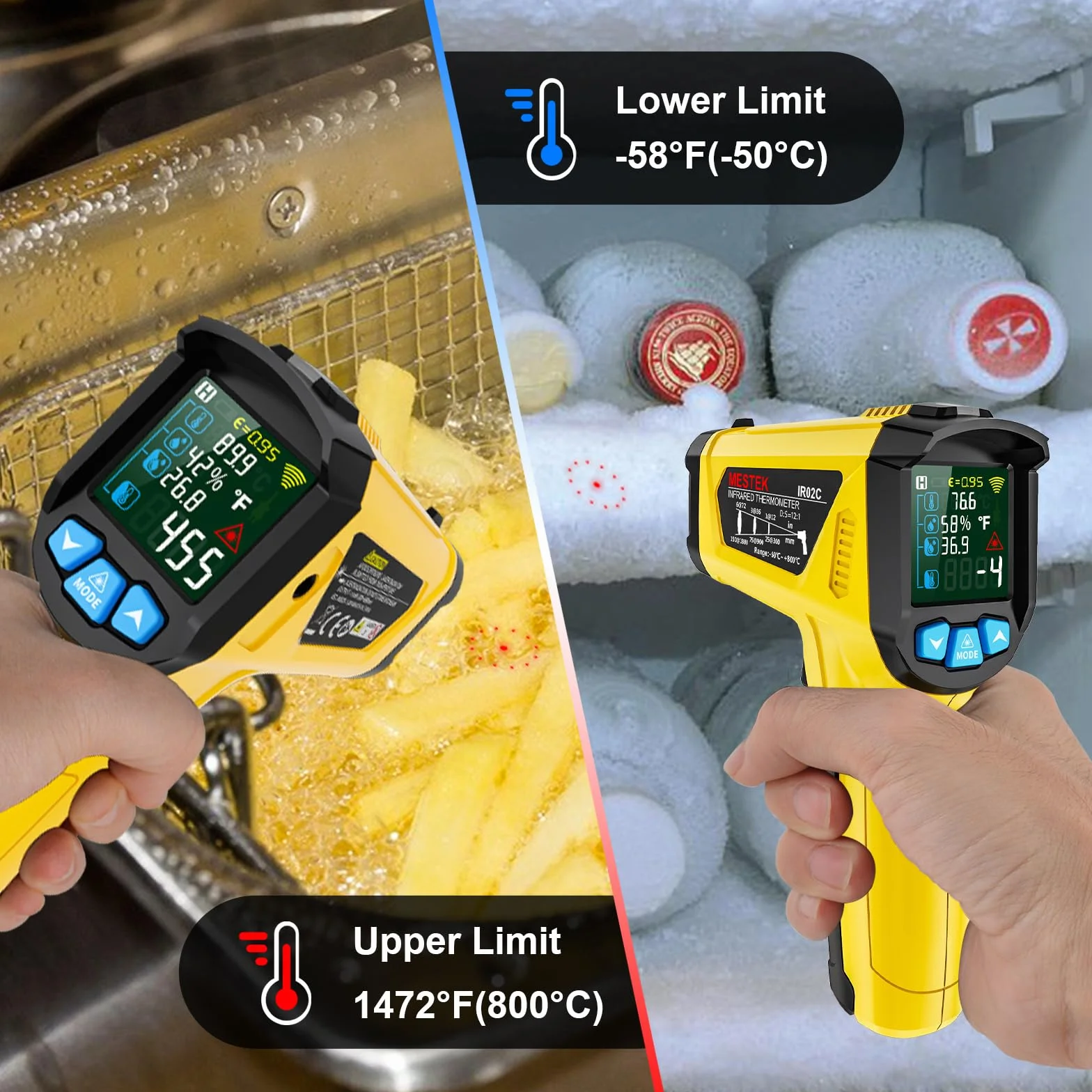 MESTEK Termometro a Infrarossi Digitale Laser -50°C～800°C con K-Sonda Schermo LCD a Colori