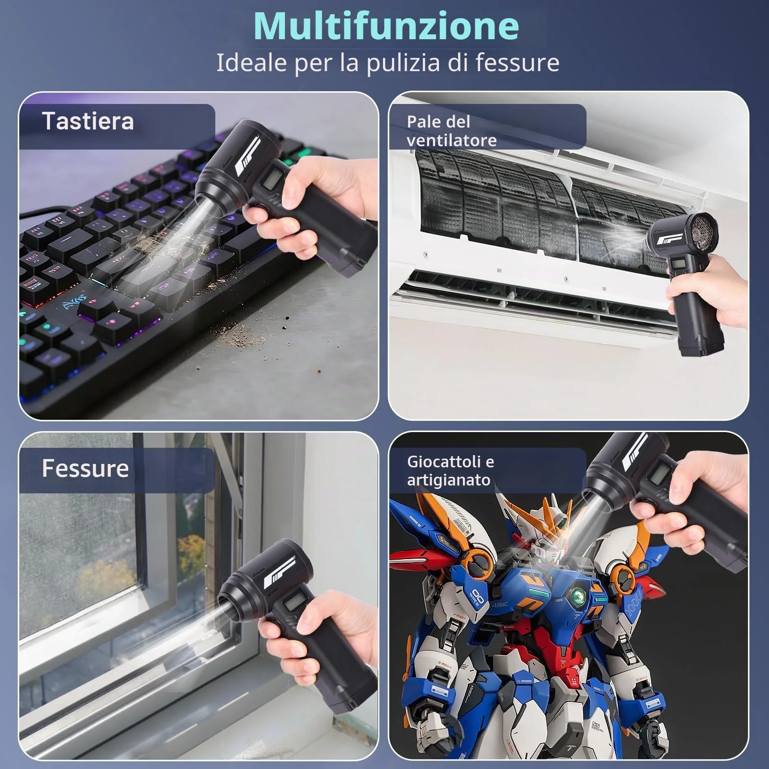 Soffiatore ad Aria Compressa, Ventola a 9 Velocità, 130000giri/min, Pressione del Vento 540g, con Luce LED e Display HD, Ricarica di Tipo C, per la Rimozione Della Polvere da Computer, Case e Veicoli