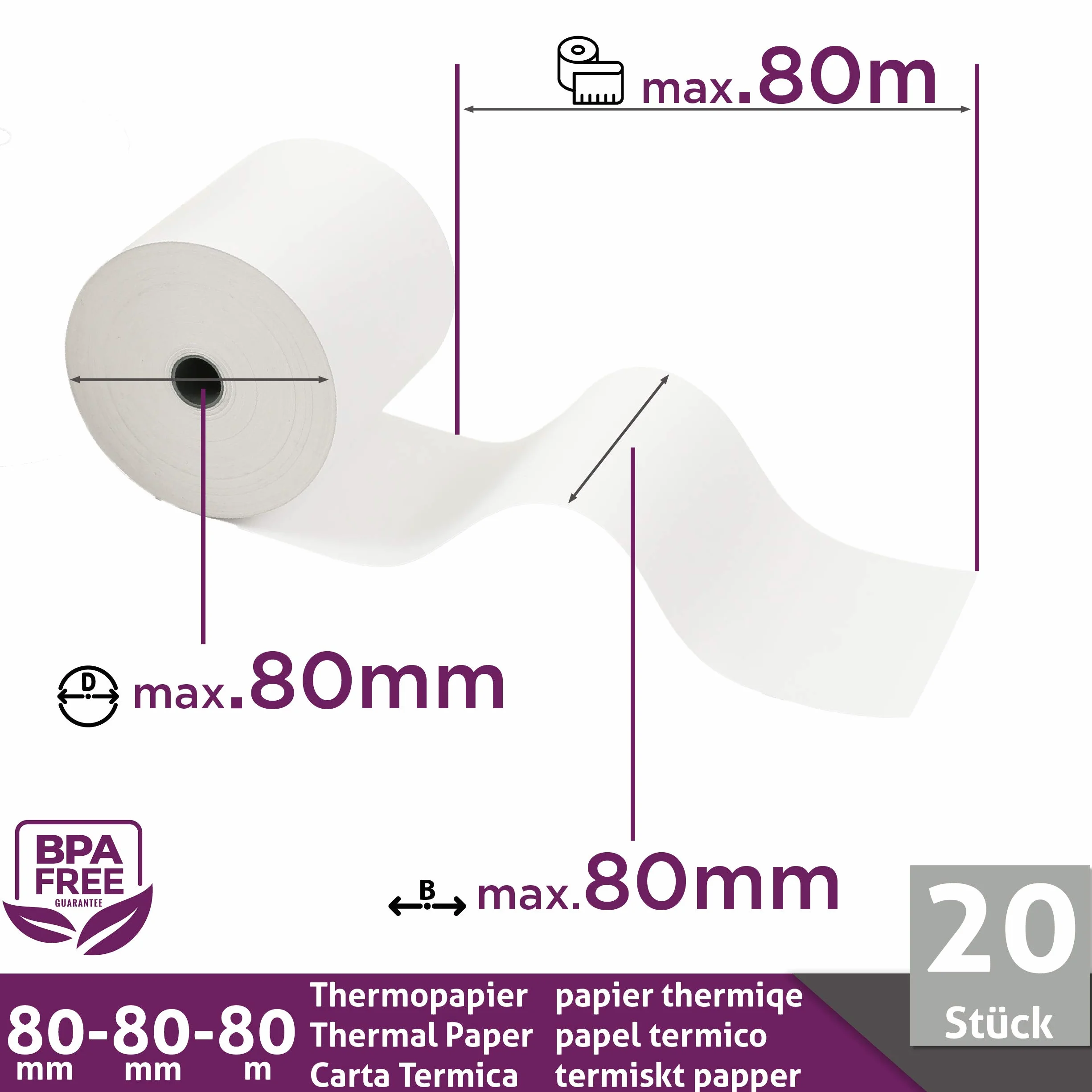 Rotoli Cassa 80x80 Termica Fiscale 80x80x12 80mm x 80m x 12mm [20x]