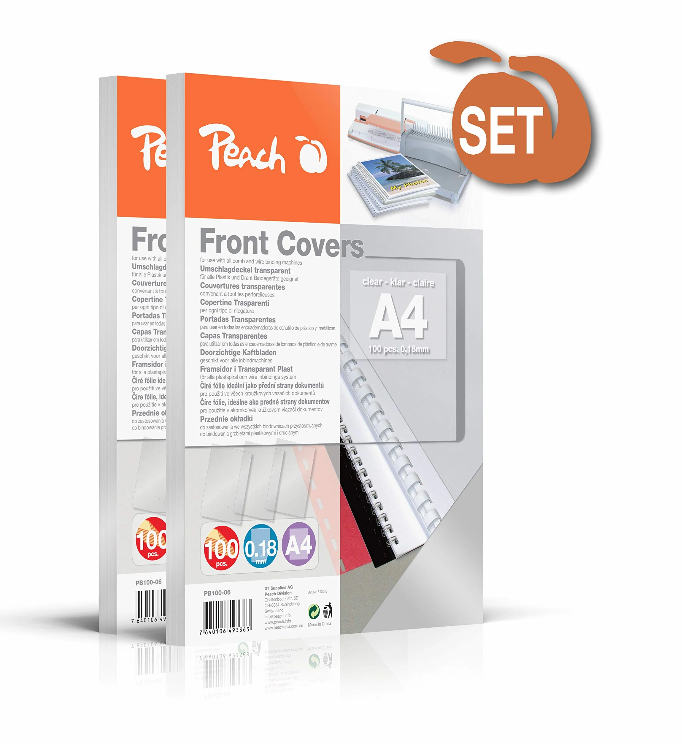 Peach PB100-06A Fogli Copertina A4 0,18 mm Trasparente Confezione da 200