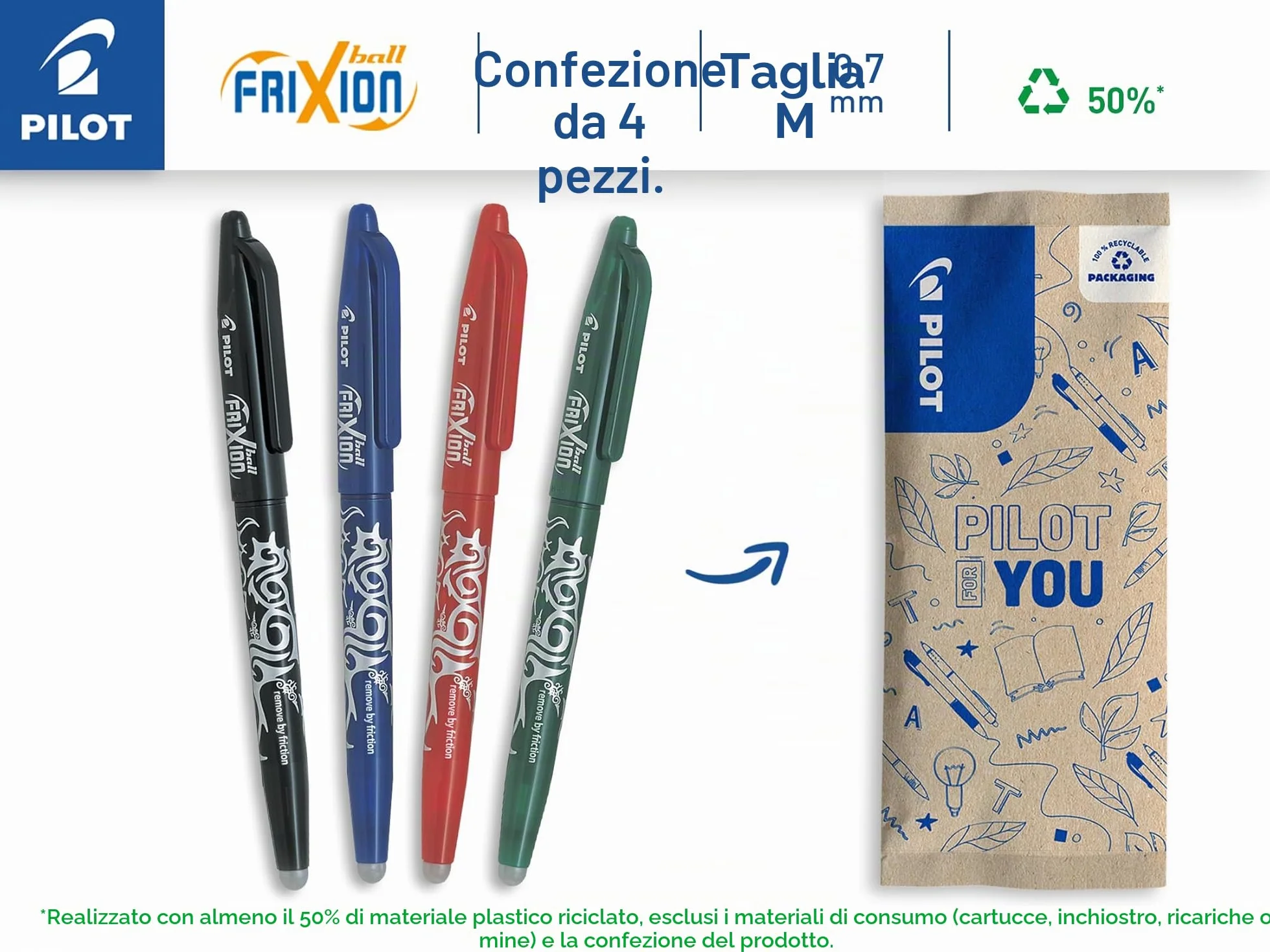 PILOT Frixion Ball Set 4 Penne Cancellabili Termosensibili Roller Ricaricabili Tratto Medio Nero Blu Rosso Verde