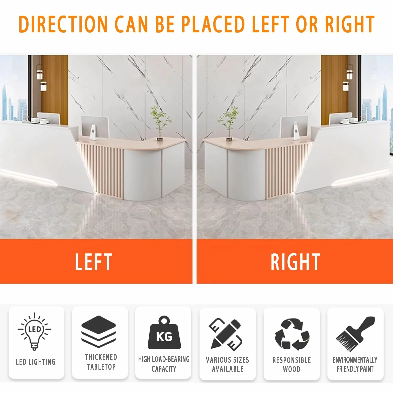 Banco Reception A L Con Ripiano Per Tastiera, Cassetto Con Serratura, Luce LED, Griglia In Legno Massello, Adatto Per Negozi Di Abbigliamento, Hall(Gray,RIGHT_180X60X100CM)