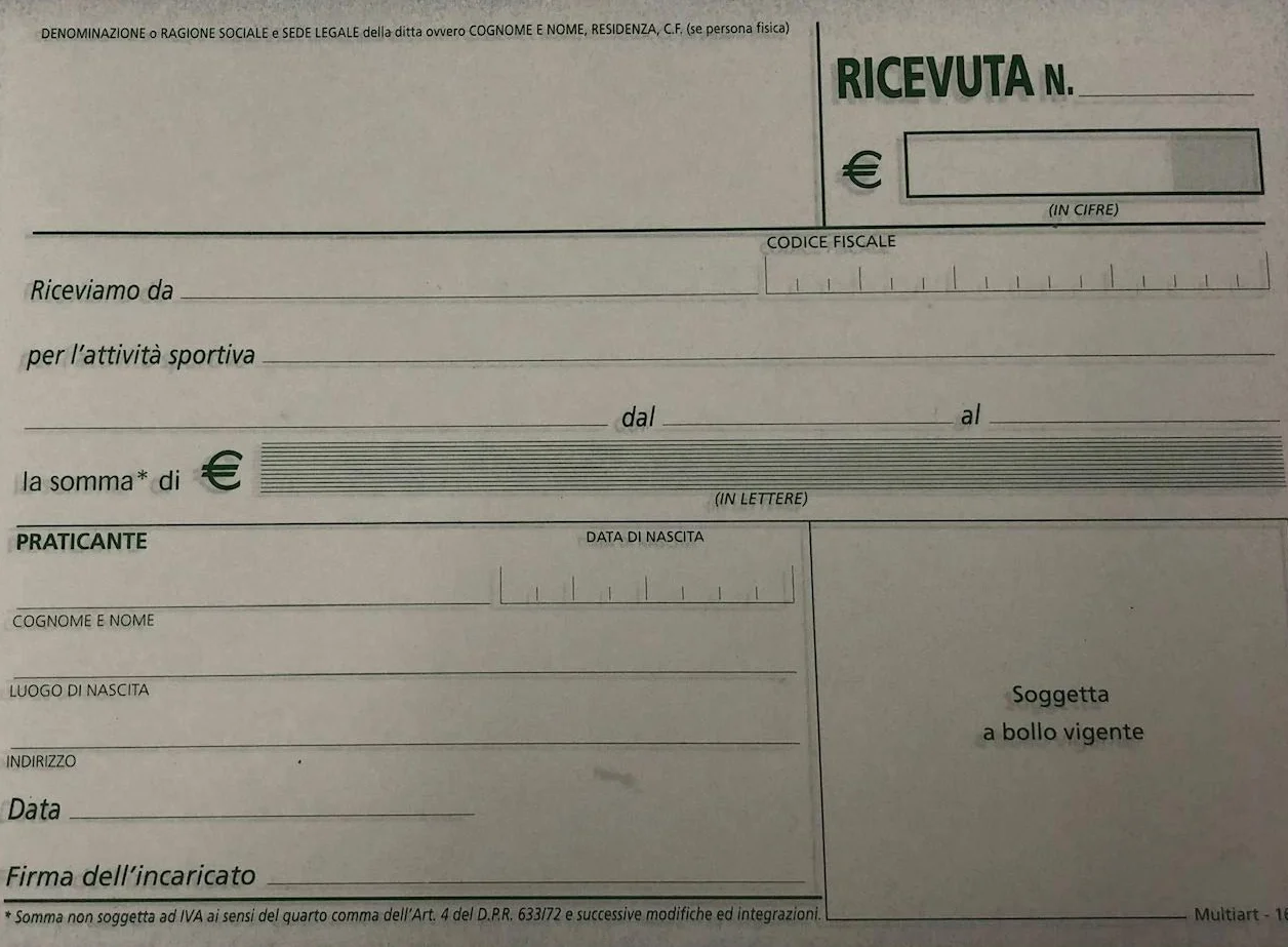 15 Blocchetti Ricevute Pagamento Attività Sportive a 2 copie autoricalcanti 50x2 12x17