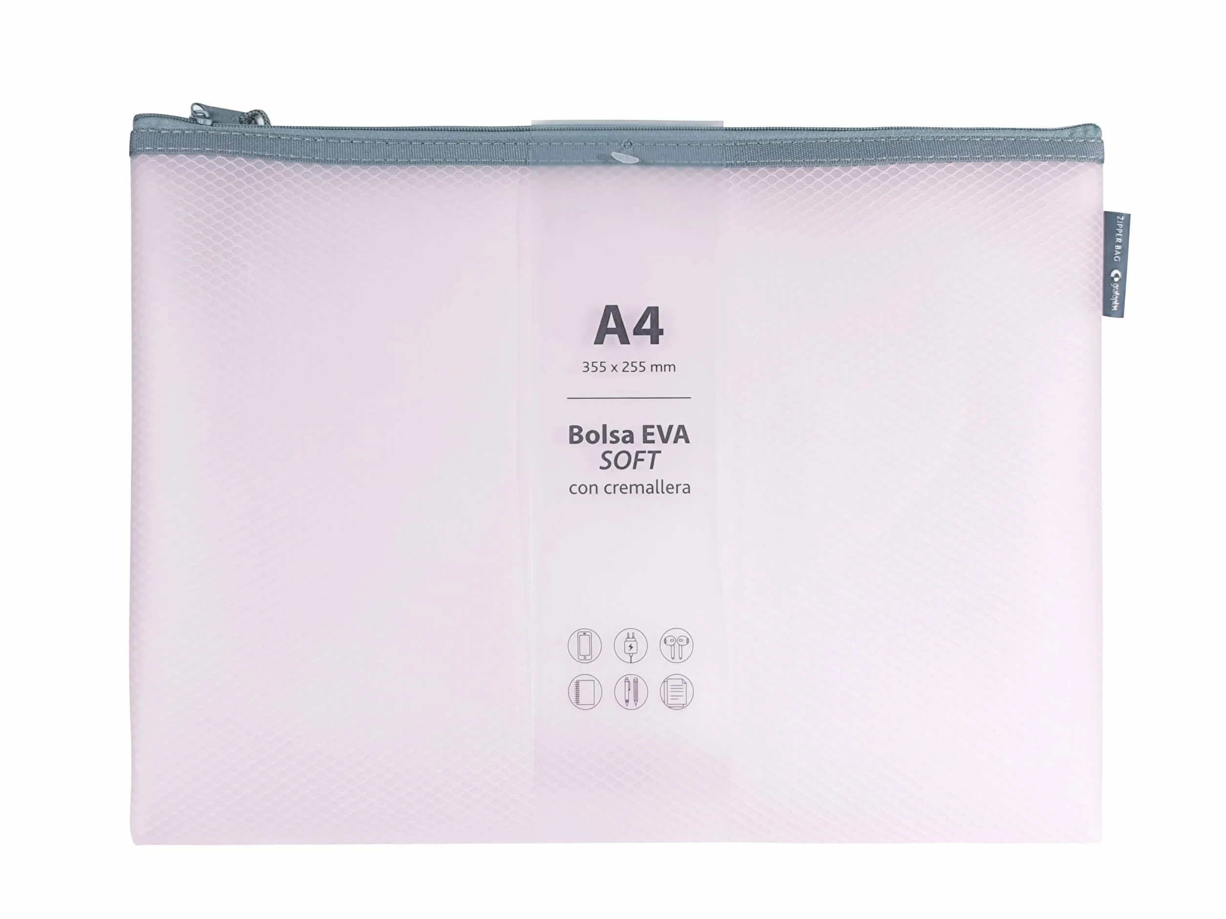 Borsa con cerniera EVA Soft A4 rosa pastello, tocco morbido, in gomma EVA trasparente per documenti, cellulari, tablet