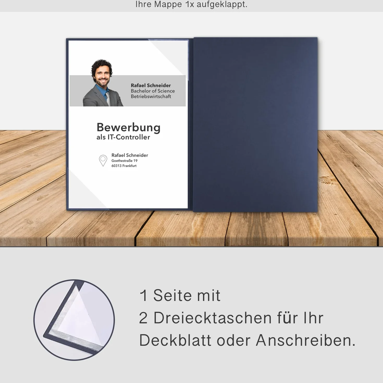 BL-exclusivdruck® Optima-Plus - Cartelline portadocumenti in 3 parti, colore blu navy, qualità premium con elegante rilievo in rilievo "Bewerbung", design del prodotto di Mario Lemani (confezione da