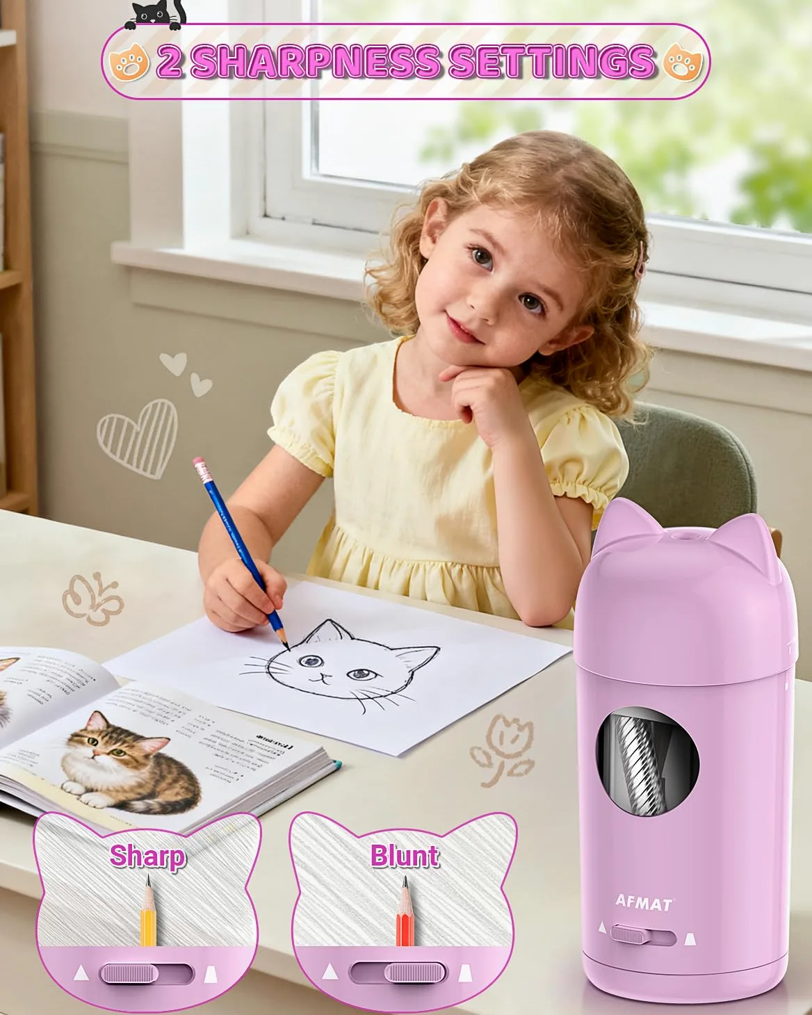 AFMAT Temperamatite elettrico, temperamatite per matite spesse e sottili (7-8 mm), autostop – temperamatite per bambini, ufficio e homeschooling, temperamatite automatico con contenitore di raccolta