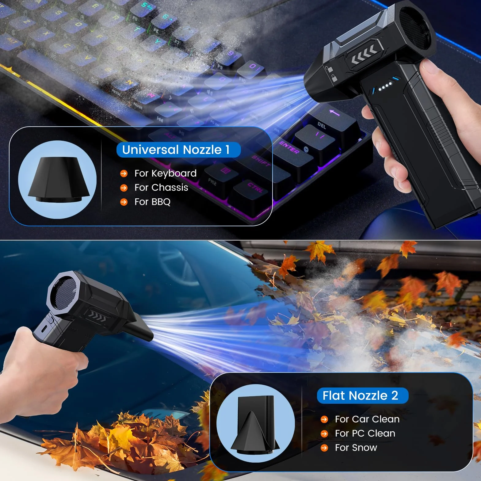 4-IN-1 Aria Compressa, Elettrico Air Duster, 200000RPM Pressione MAX 300g, Super Potere Soffiatore Aria Compressa Spray con Luce LED, per il Computer All'aperto Casa Materasso ad aria
