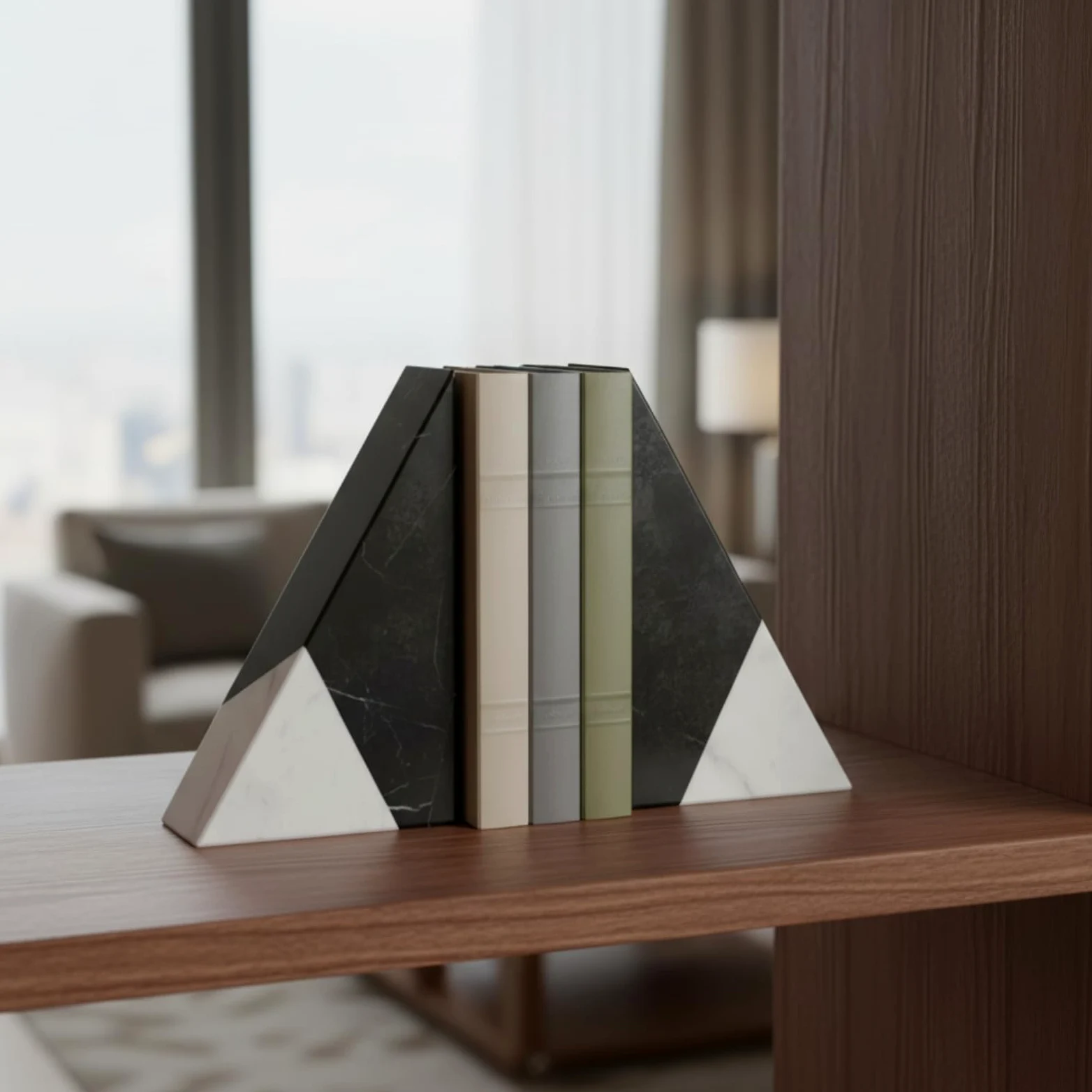 Fermalibri in Marmo Pesante Fermalibri Geometrici Minimalista Reggilibri di Pietra per Lettori, Collezionisti, Nero+Bianco