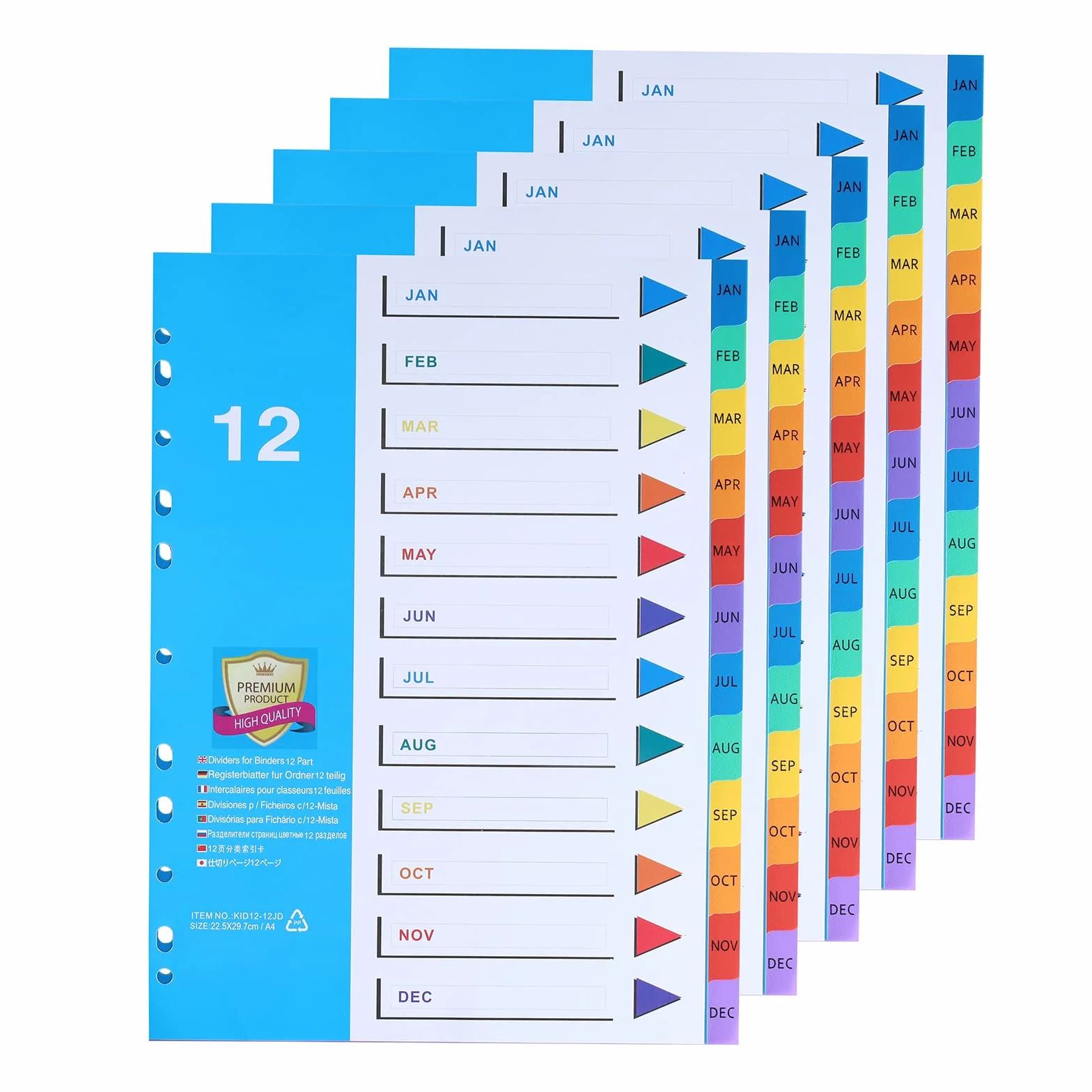 Divisori per Raccoglitori A4 con 12 Linguette Colorate, 5 Pezzi, Numerati Jan-Dec, Separatori ad Anelli 11 Fori