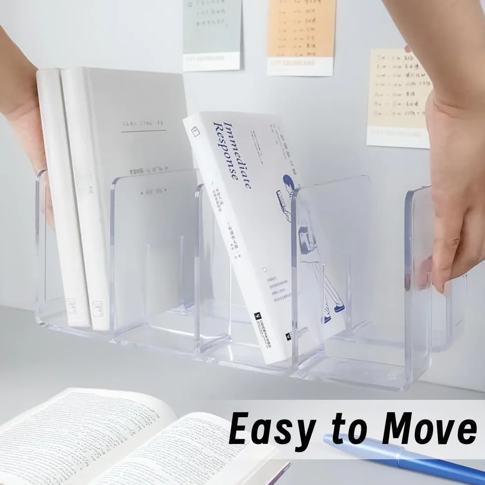 4Pezzi Portariviste in Trasparente, SHAIDOJIO Porta Libri da Scrivania in Acrilico-32cm, 4 Compartimenti Porta Libri, Fermalibri per Libreria per Libro Documenti Buste Borsa Bevande Soggiorno Ufficio