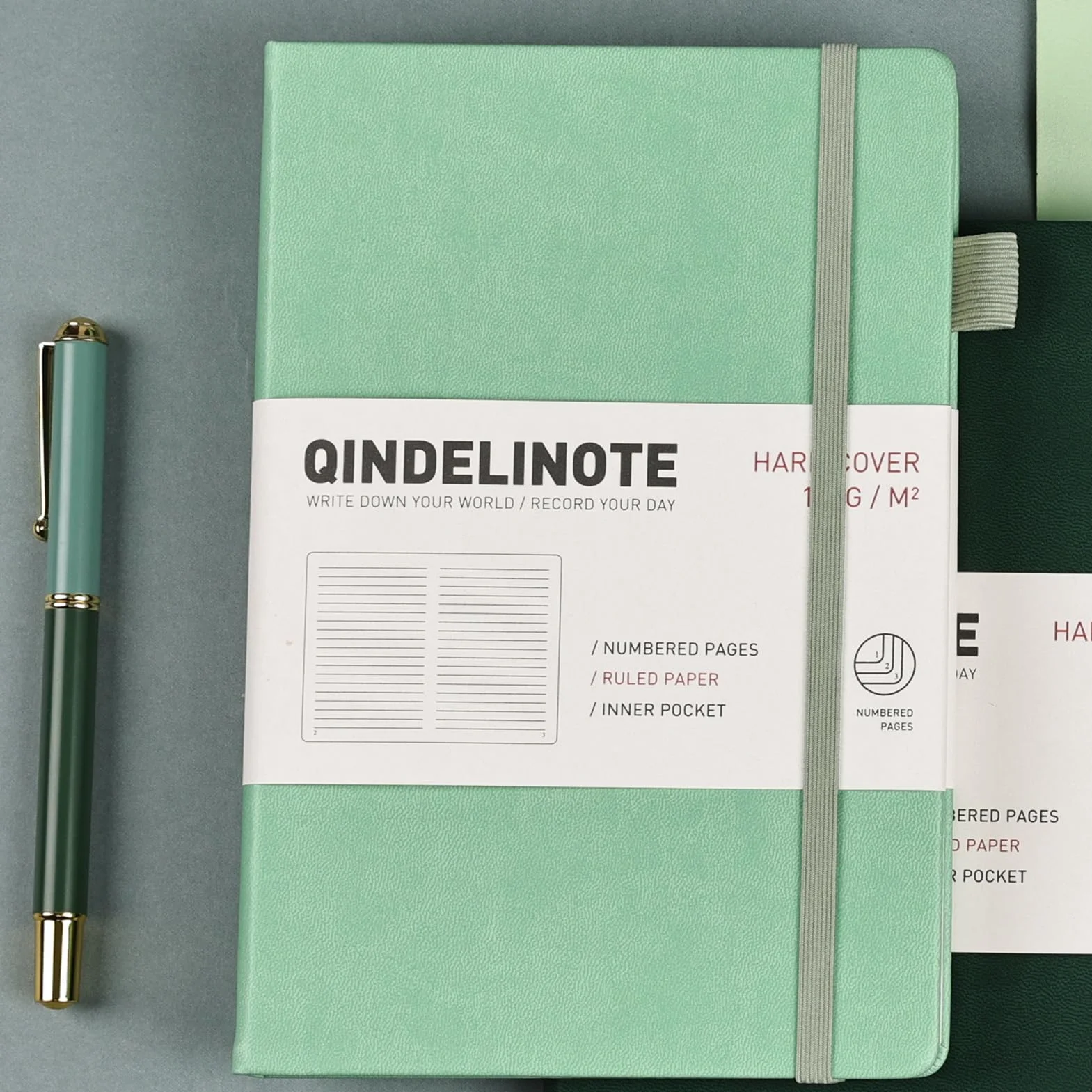 Taccuino a righe formato A5, 192 pagine numerate, con copertina rigida, 100 g/m², carta senza sbavature, copertina rigida con segnalibri, portapenne, tasca interna (verde)