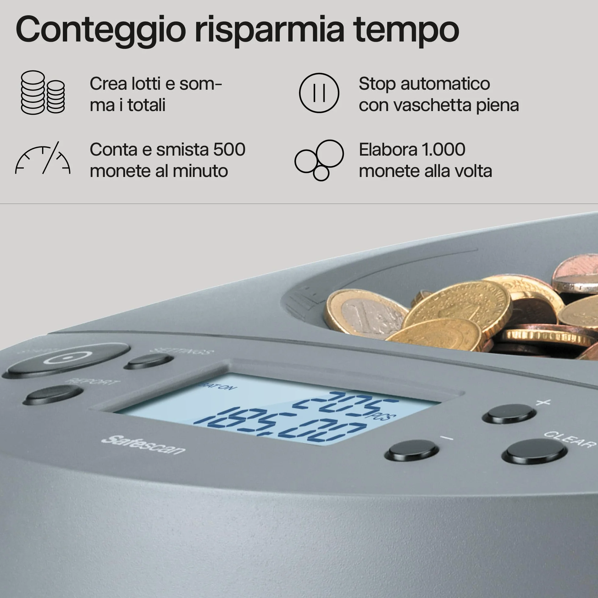 Safescan 1450 Contamonete che conta e smista velocemente grandi volumi di monete miste in euro - Contamonete che smista le monete per taglio - Contamonete per il conteggio continuo delle monete