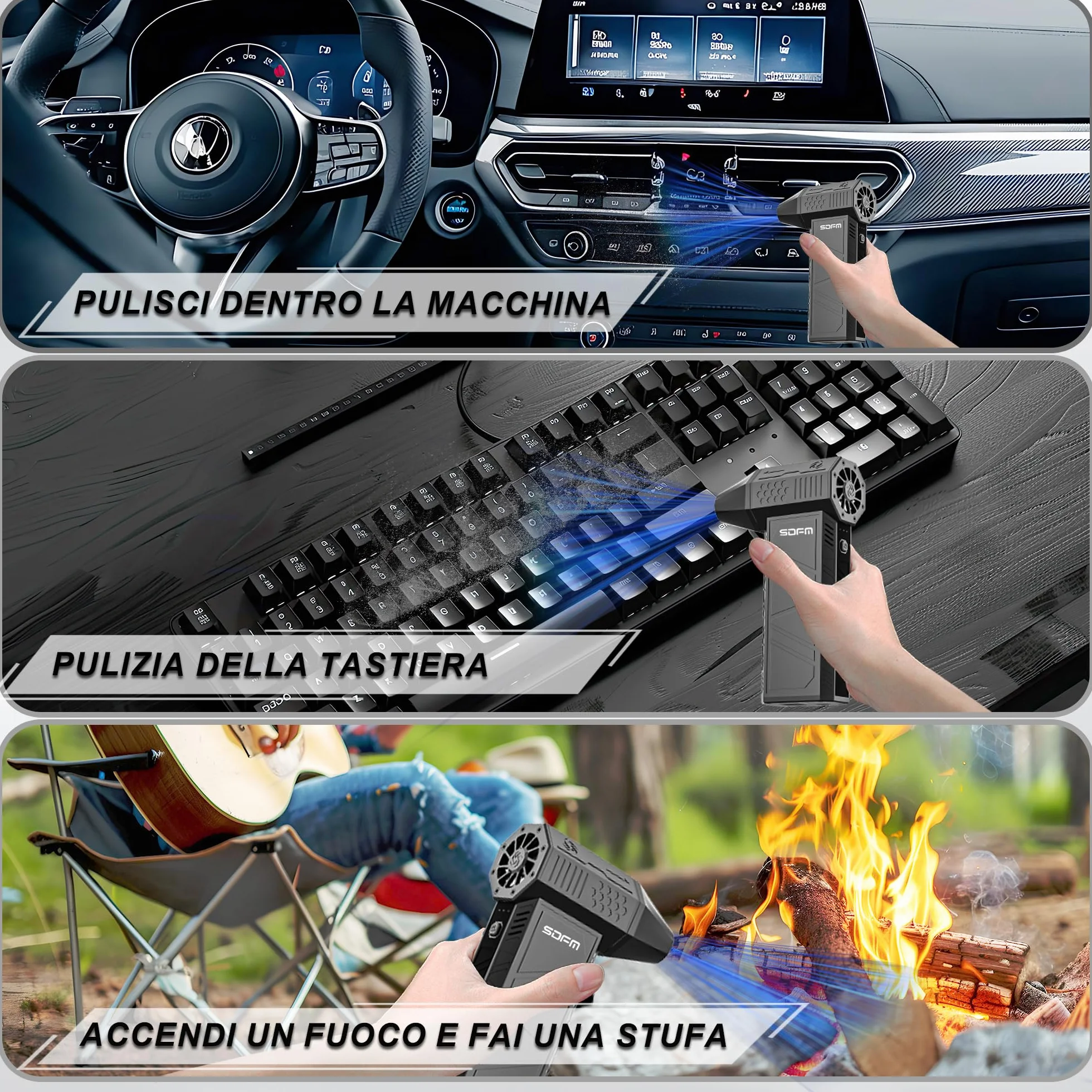 SDFM Soffiatore Aria Compressa, 130,000 RPM, 3 Velocità Elettrico Aria Compressa, con Protezione Intelligente, Senza Fili e Ricaricabile, per Pulizia di PC, Tastiera, Auto e Divano (Black)