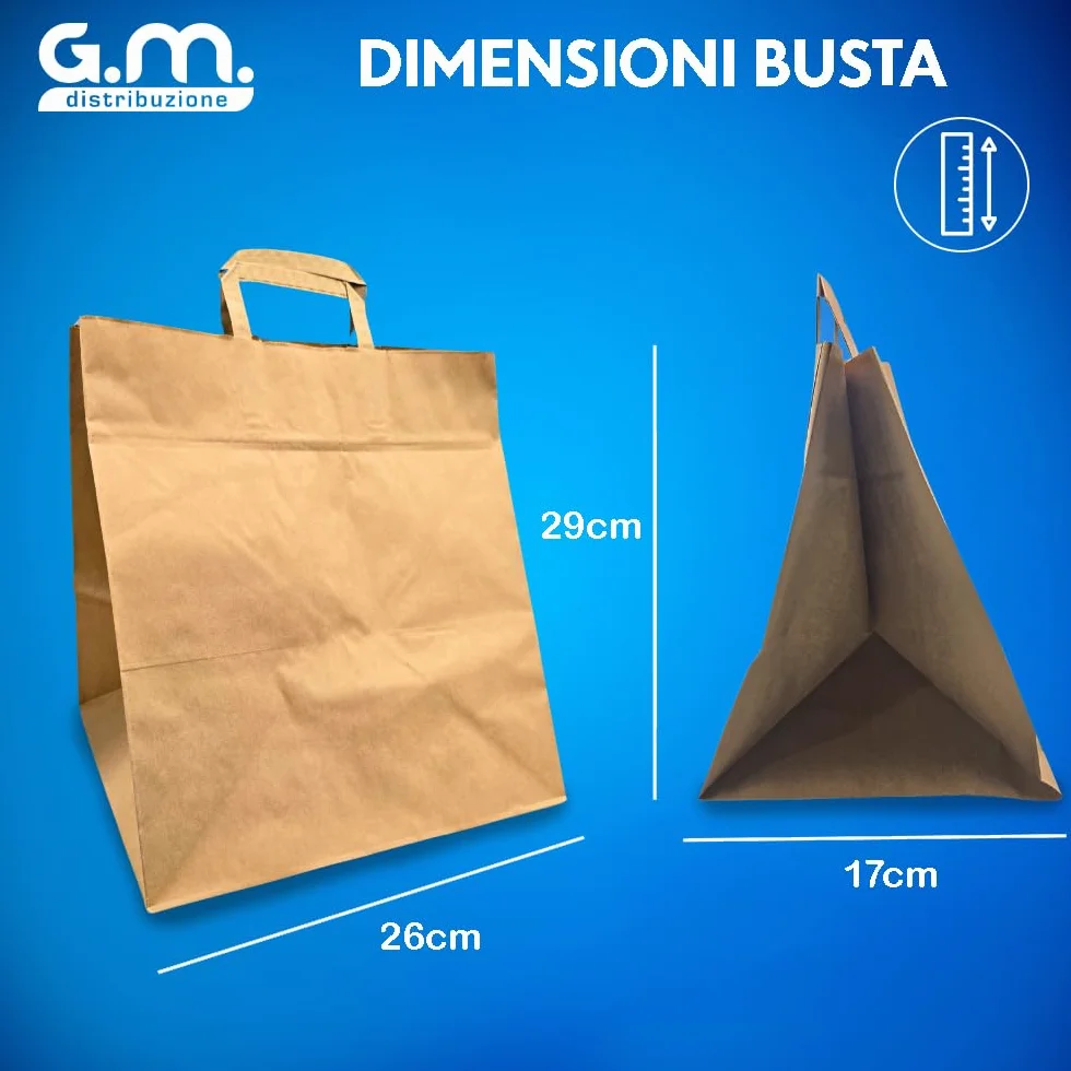 GM 50 Shopper Asporto in Carta 26+17x29h cm Avana Borse con Base Larga e Manici per Cibo Bevande Take Away