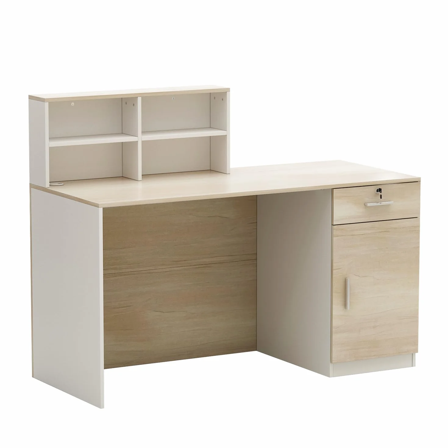 bancone reception, mobile da ufficio in legno e bianco, 140 x 60