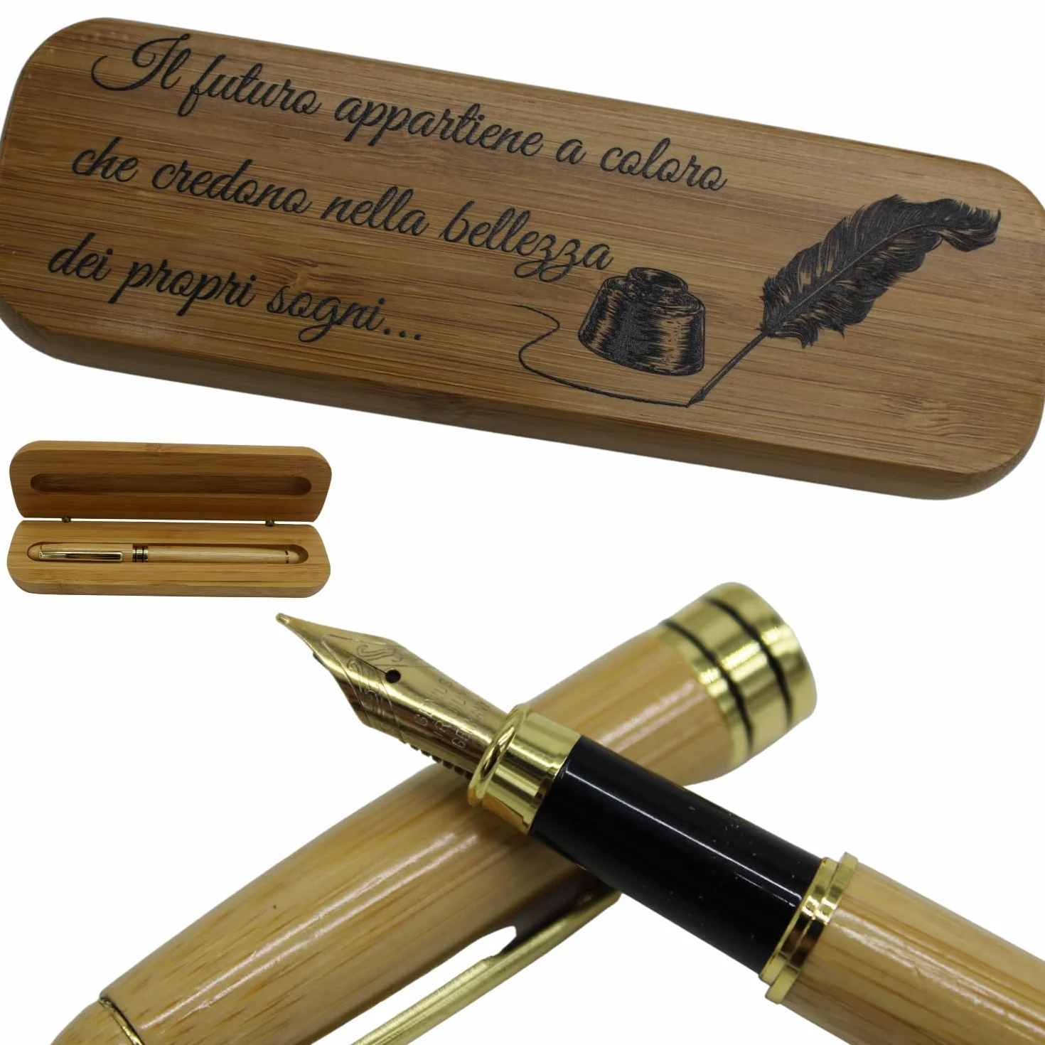 Amore Legno Sforza Penna Stilografica Elegante, Regalo Uomo Donna Laurea Compleanno con Frasi Motivazionali, Scatola Bamboo