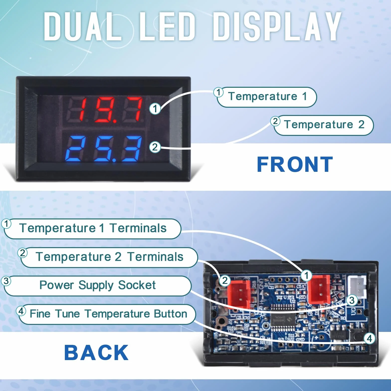 Termometro Digitale con 2 Sonde Impermeabili Doppio Display LED DC 4-28V -55～120℃ Rosso&Blu